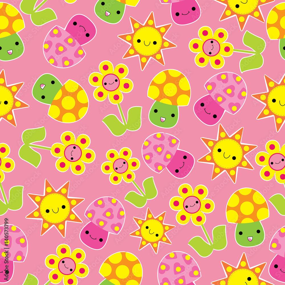 1000x1000 Spring seamless pattern with cute mushroom and flower cartoon on pink background suitable for spring wallpaper, scrap paper, and postcard Stock Vector