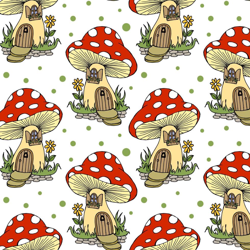 980x980 Seamless pattern, drawn magic mushrooms fly agaric in the form of houses. Textile for children, wallpaper, print
