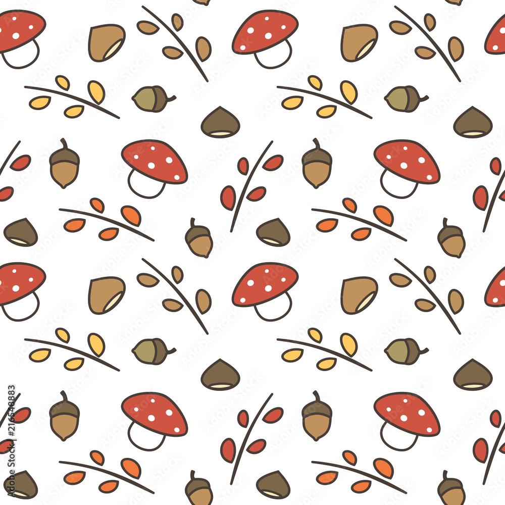 1000x1000 cute lovely autumn seamless vector pattern background illustration with branches, leaves, mushroom, acorns, chestnuts Stock Vector