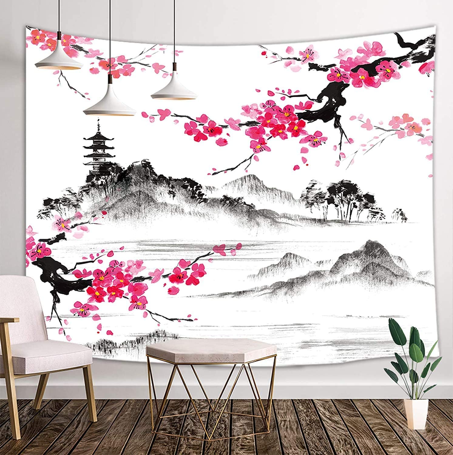 1493x1500 Japanese Tapestry, Asian Anime Mount Fuji with Cherry Blossoms Sakura Flower Tapestry Wall Hanging for Living Room Bedroom Dorm Decor, Black and White Tapestry, 80X60in Japan Pink Tapestry : Home
