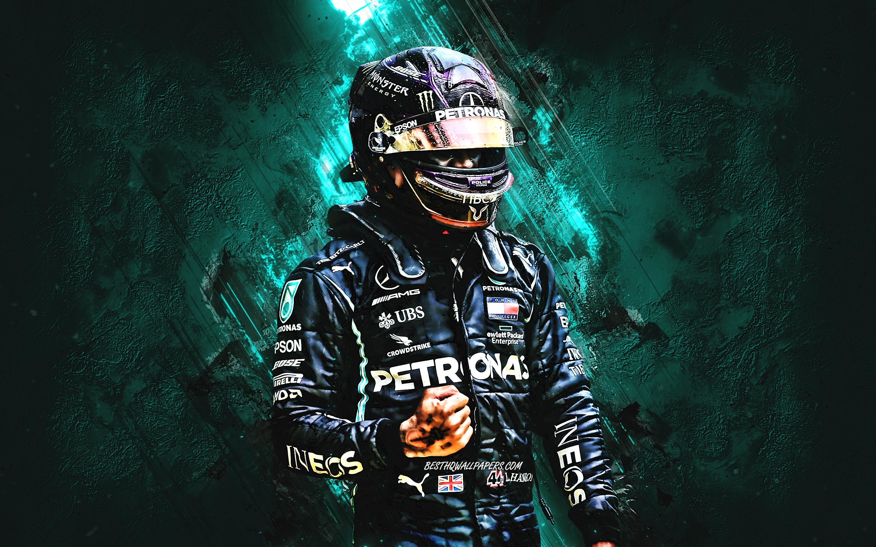 2880x1800 Download wallpaper Lewis Hamilton, Mercedes AMG Petronas F1 Team, 7 times F1 world champion, Formula turquoise stone background for desktop with resolution 2880x1800. High Quality HD picture wallpaper