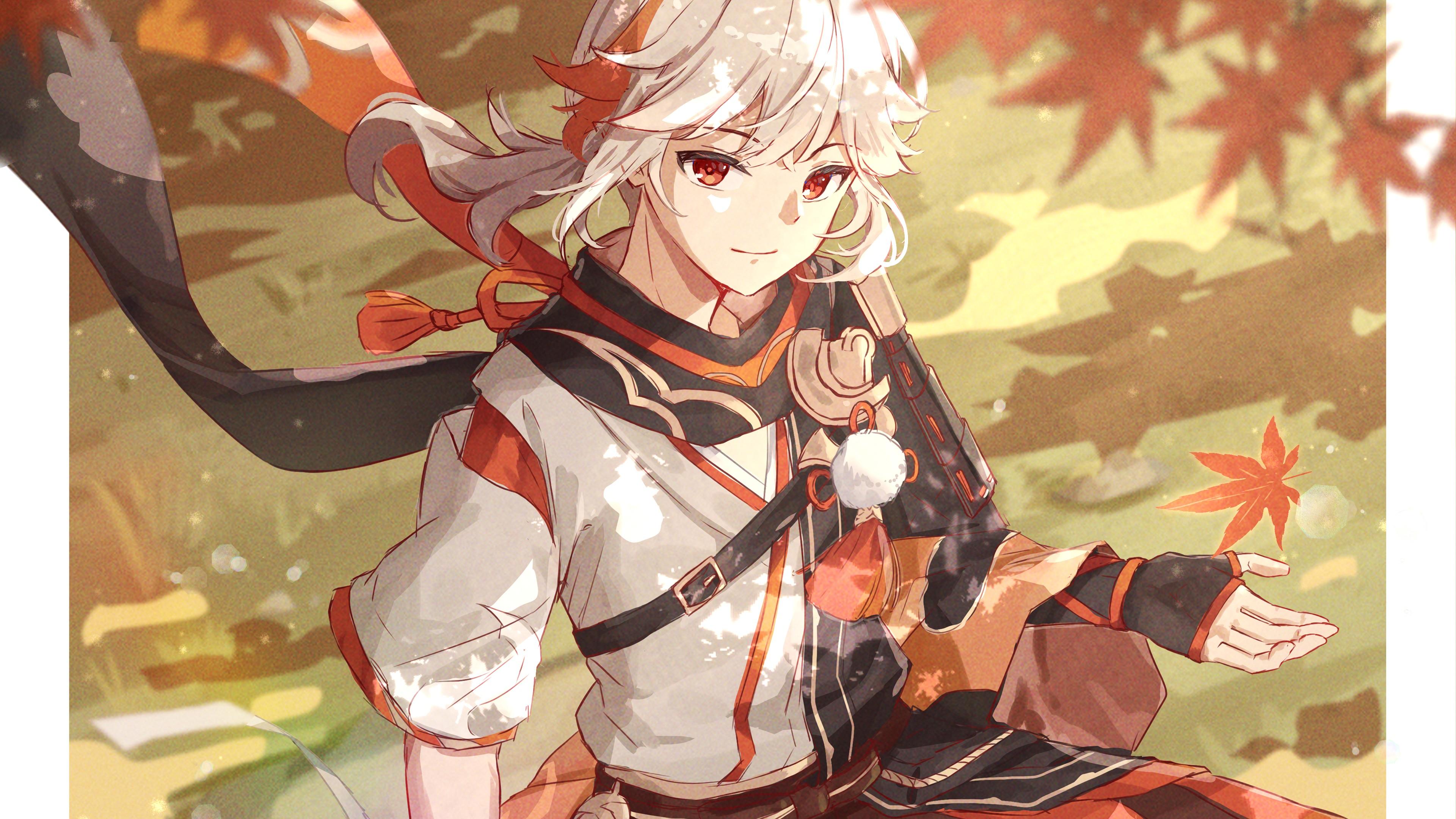 3840x2160 White Hair Red Eyes Kaedehara Kazuha 4K HD Genshin Impact Wallpaper