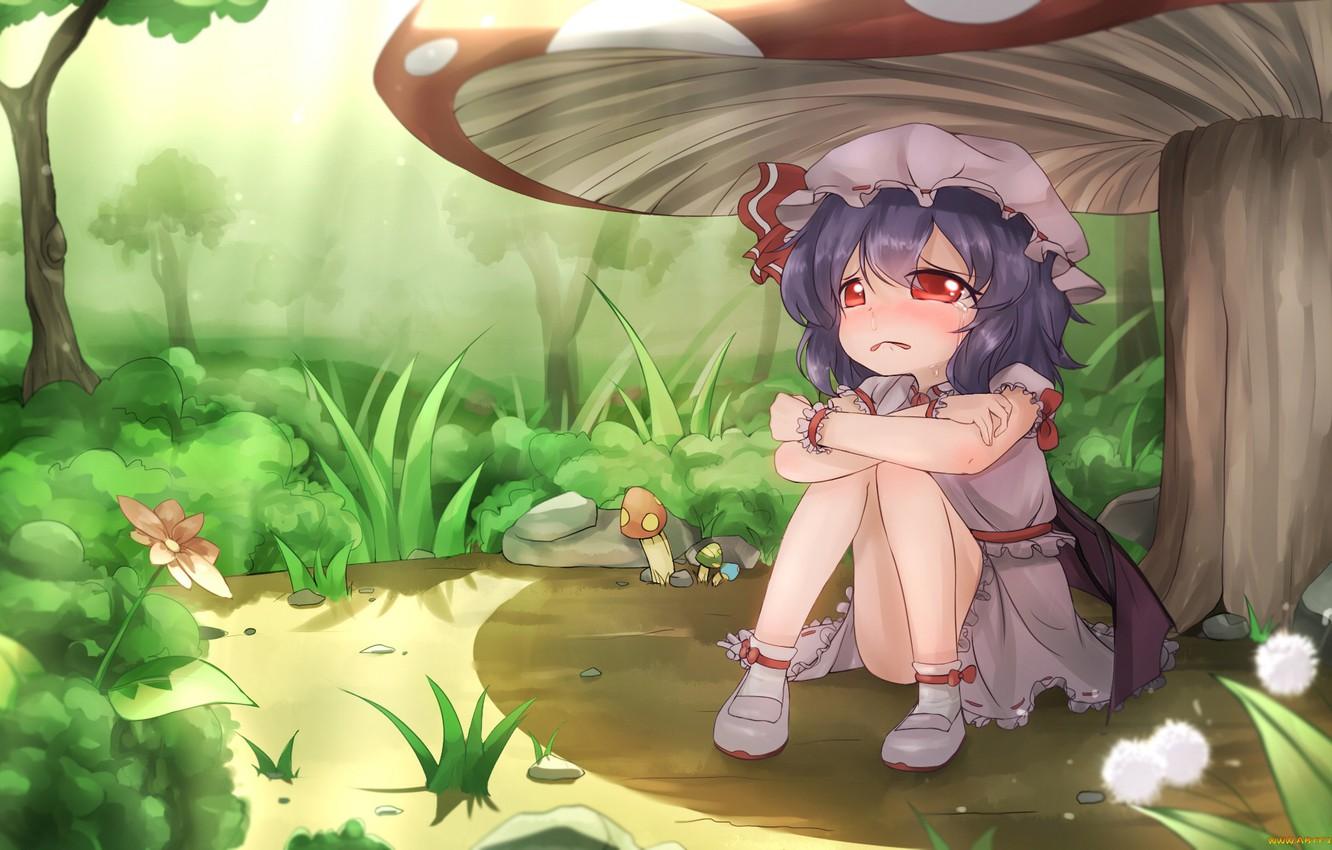 1332x850 Wallpaper mushroom, lost, flowers, sitting, red eyes, cap, tears, crying, little girl, in the woods, Touhou Project, Remilia Scarlet, Project East image for desktop, section игры