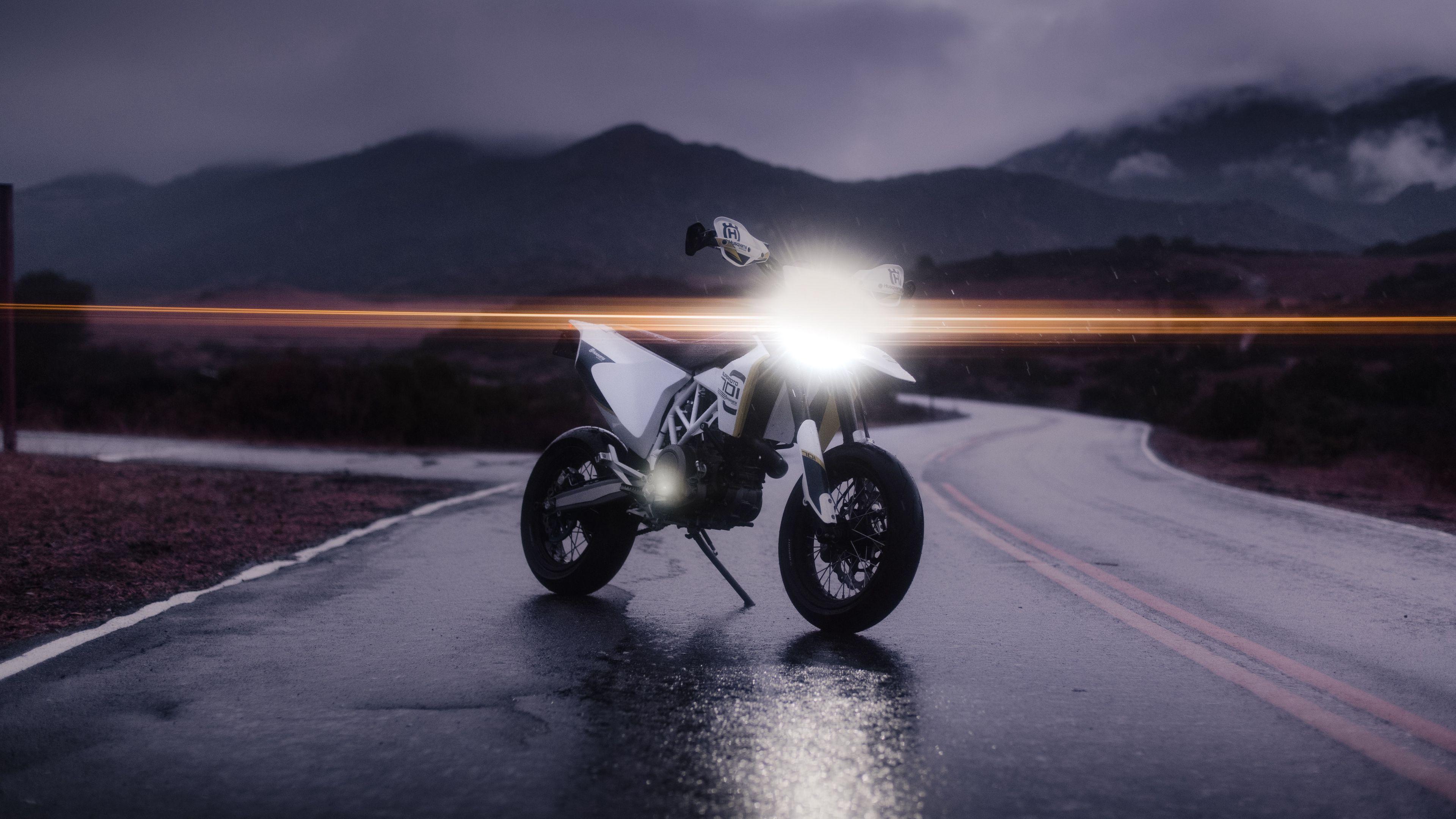 3840x2160 Download wallpaper 3840x2160 husqvarna husqvarna, motorcycle, bike, white, light, road 4k uhd 16:9 HD background