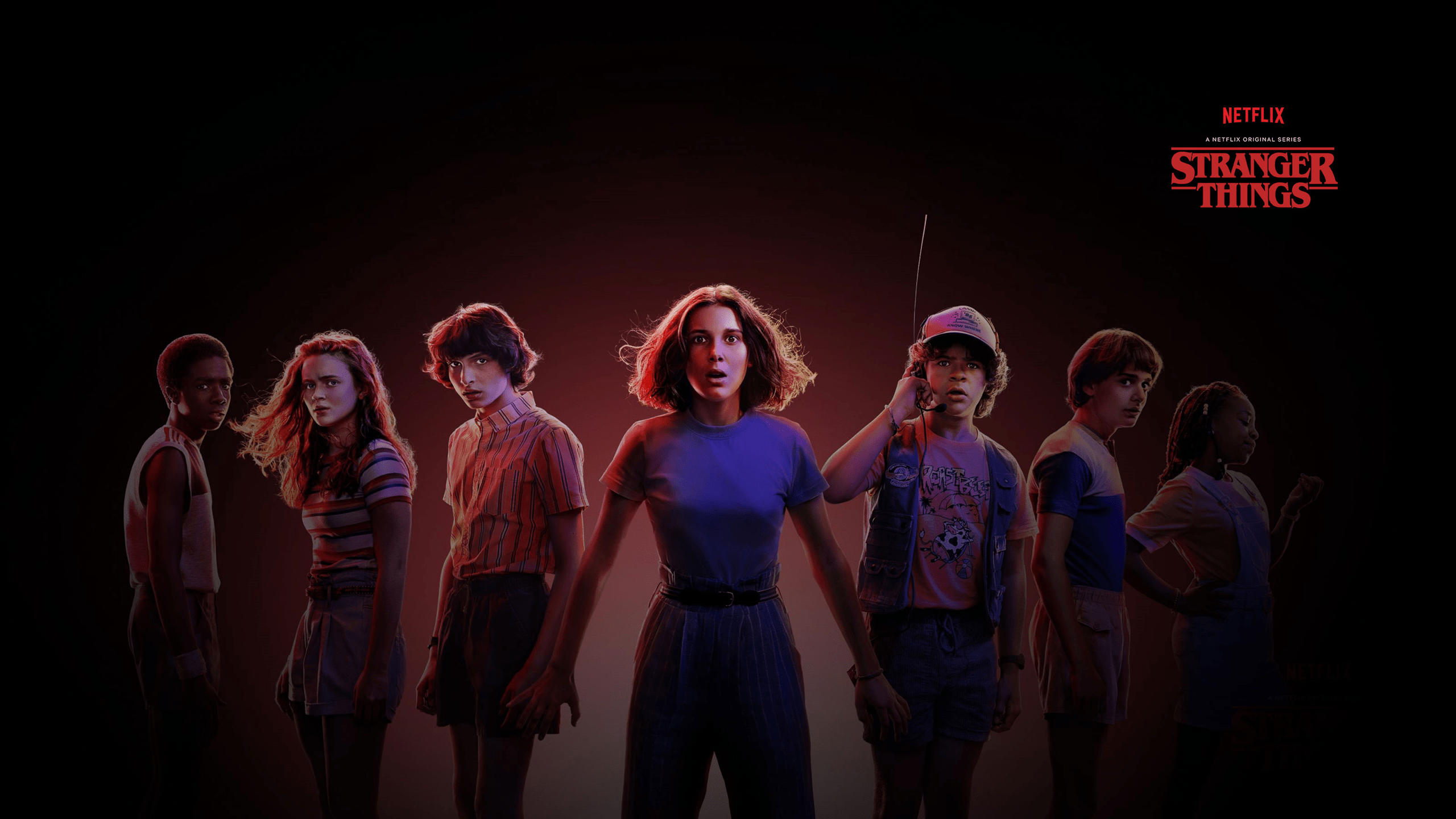 2560x1440 Eleven Stranger Things Netflix Vignette Millie Bobby Brown Finn Wolfhard Caleb McLaughlin Gaten Mata Wallpaper:2560x1440