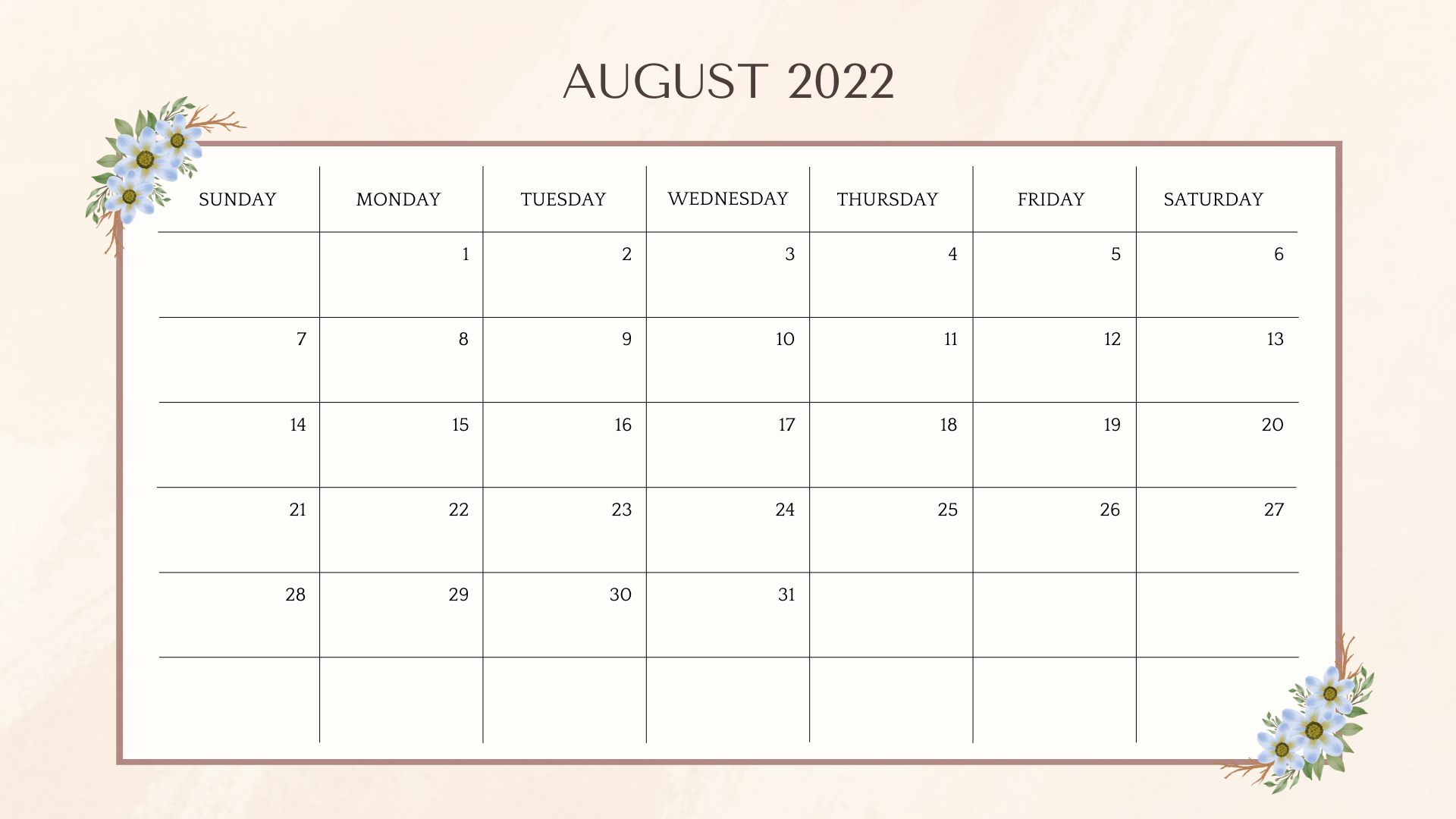 1920x1080 August 2022 Calendar Free Download