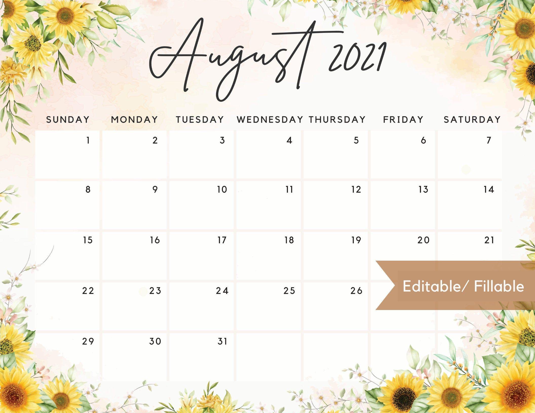 2112x1632 August 2022 Calendar Cute Watercolor Sunflower Theme. Etsy. Planner calendar, August calendar, Editable calendar