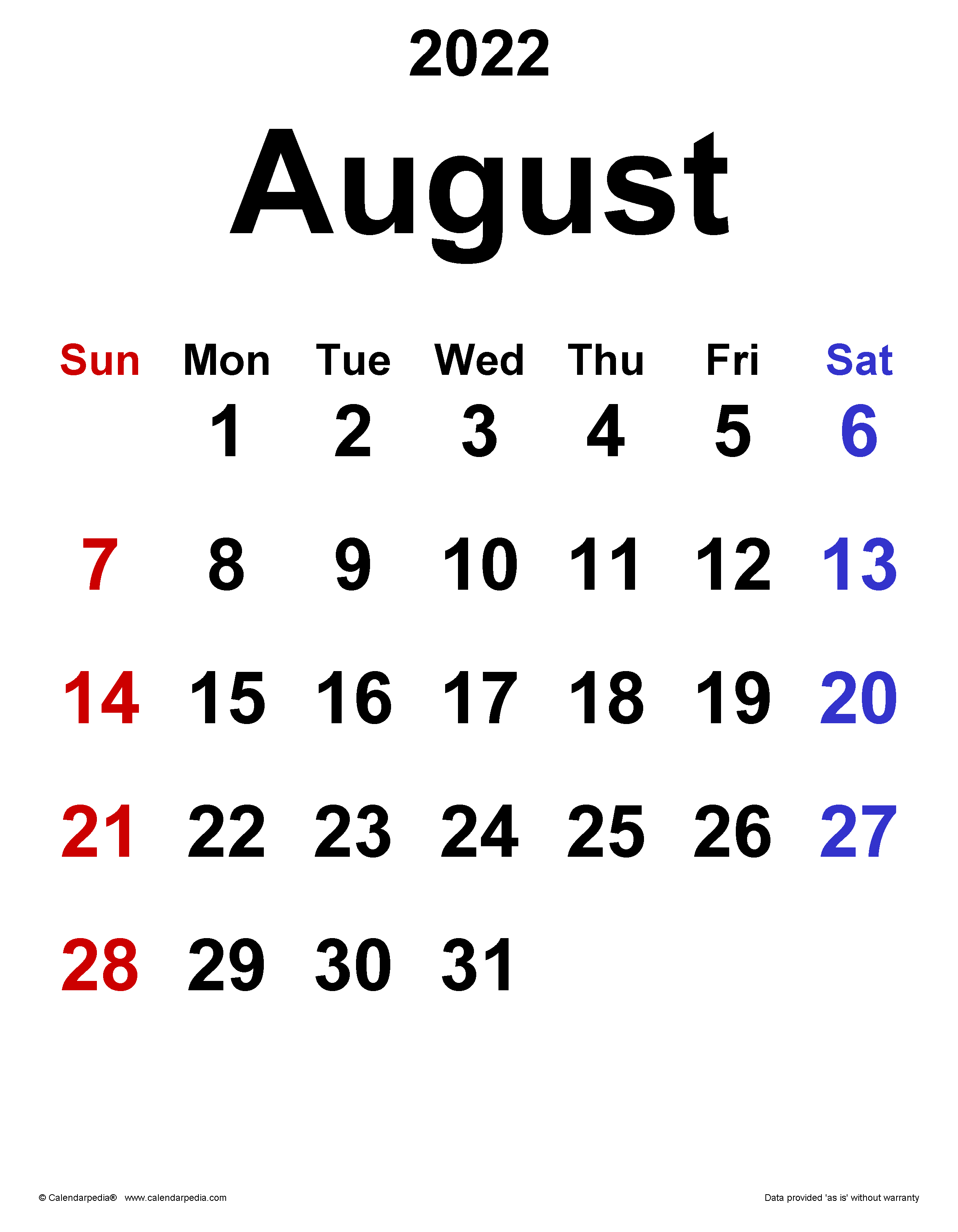 2462x3165 August 2022 Calendar. Templates for Word, Excel