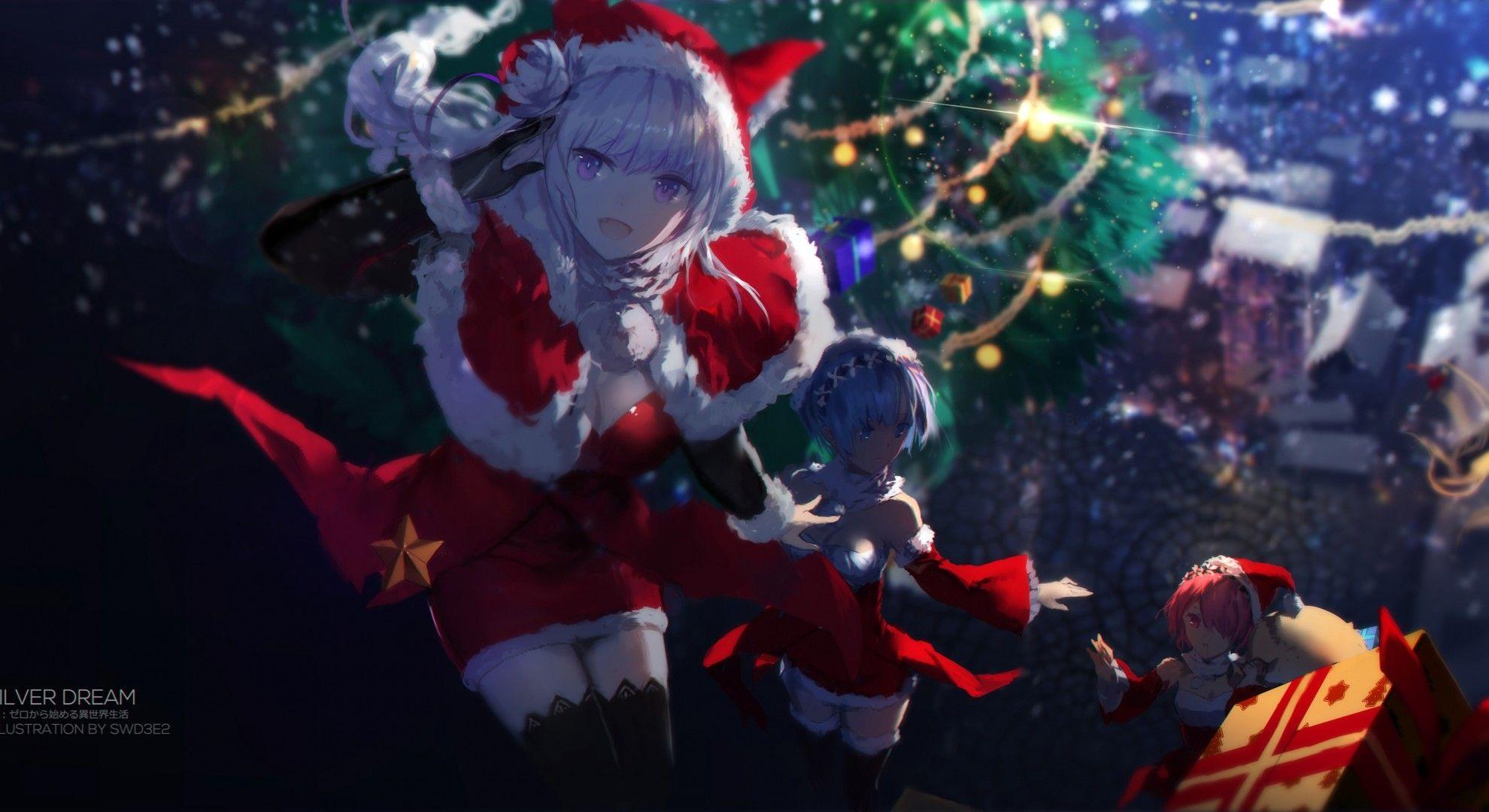 1980x1080 Download 1980x1080 Re: Zero, Christmas, Emilia, Rem, Ram, Smiling