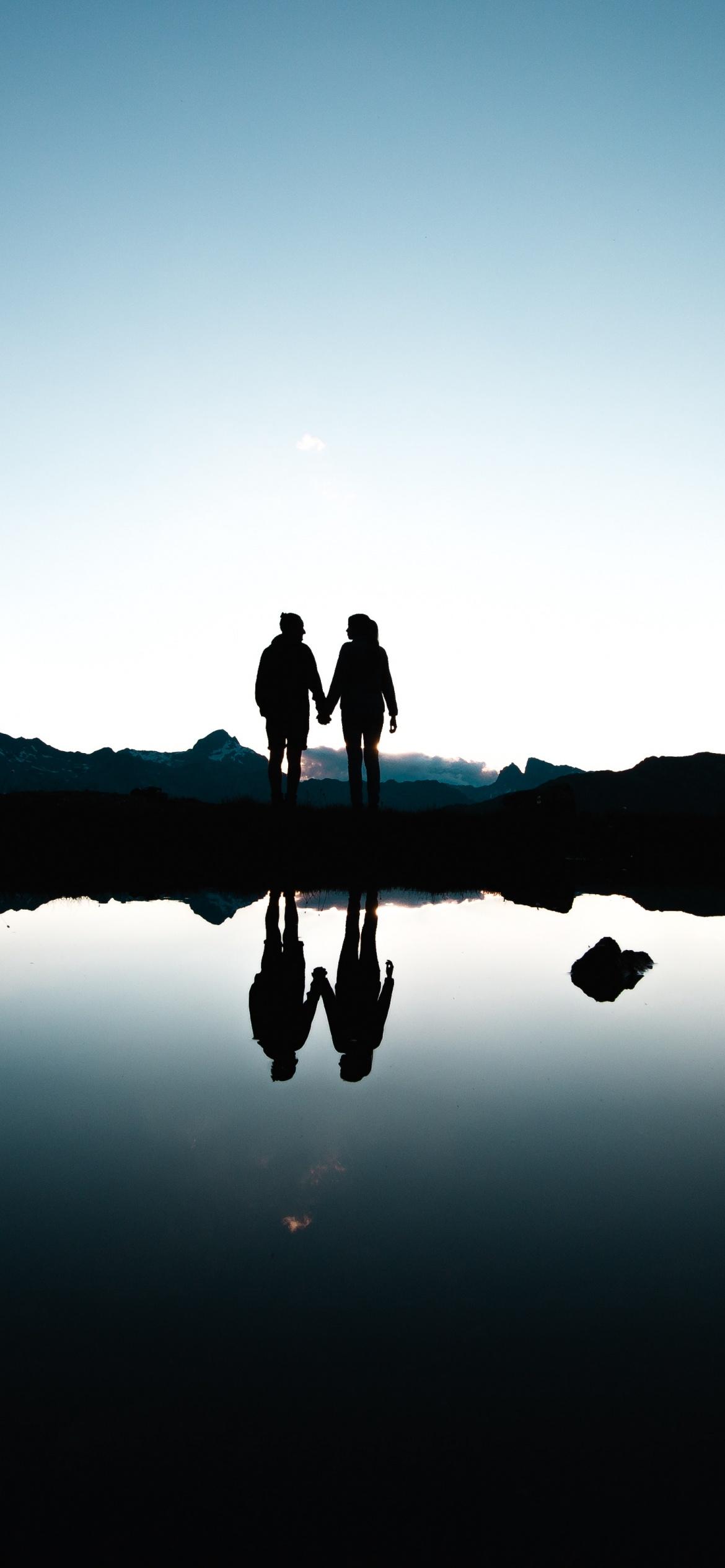 1170x2532 Couple Wallpaper 4K, Silhouette, Together, Nature