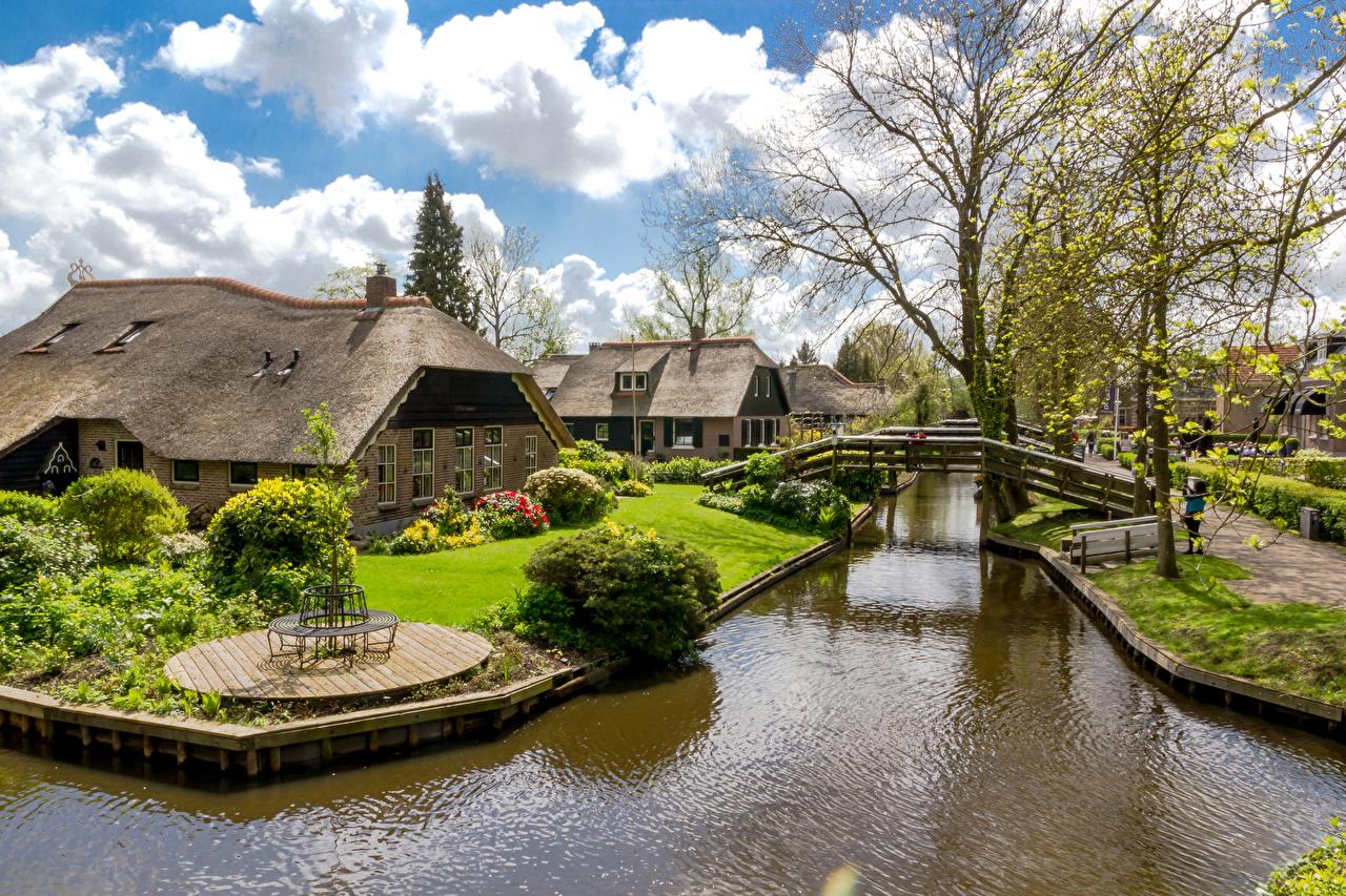 1280x853 Picture Netherlands Giethoorn Canal bridge Trees Houses Cities