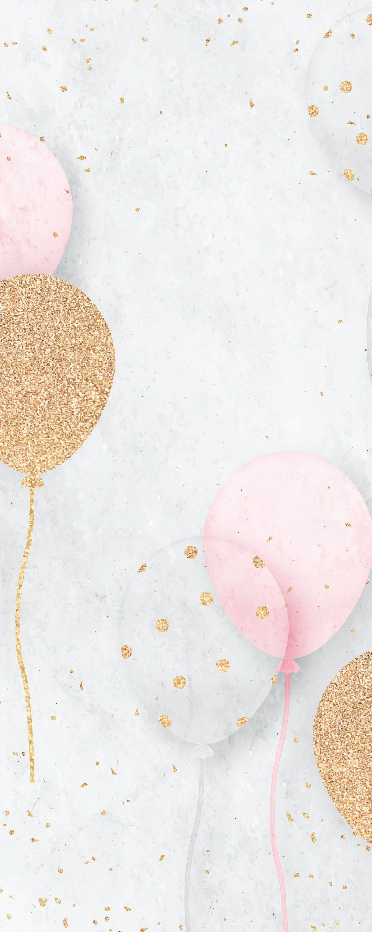 1200x3000 Pink and gold glittery balloons background vector / Aum. Balloon background, Happy birthday wallpaper, Pink and gold background