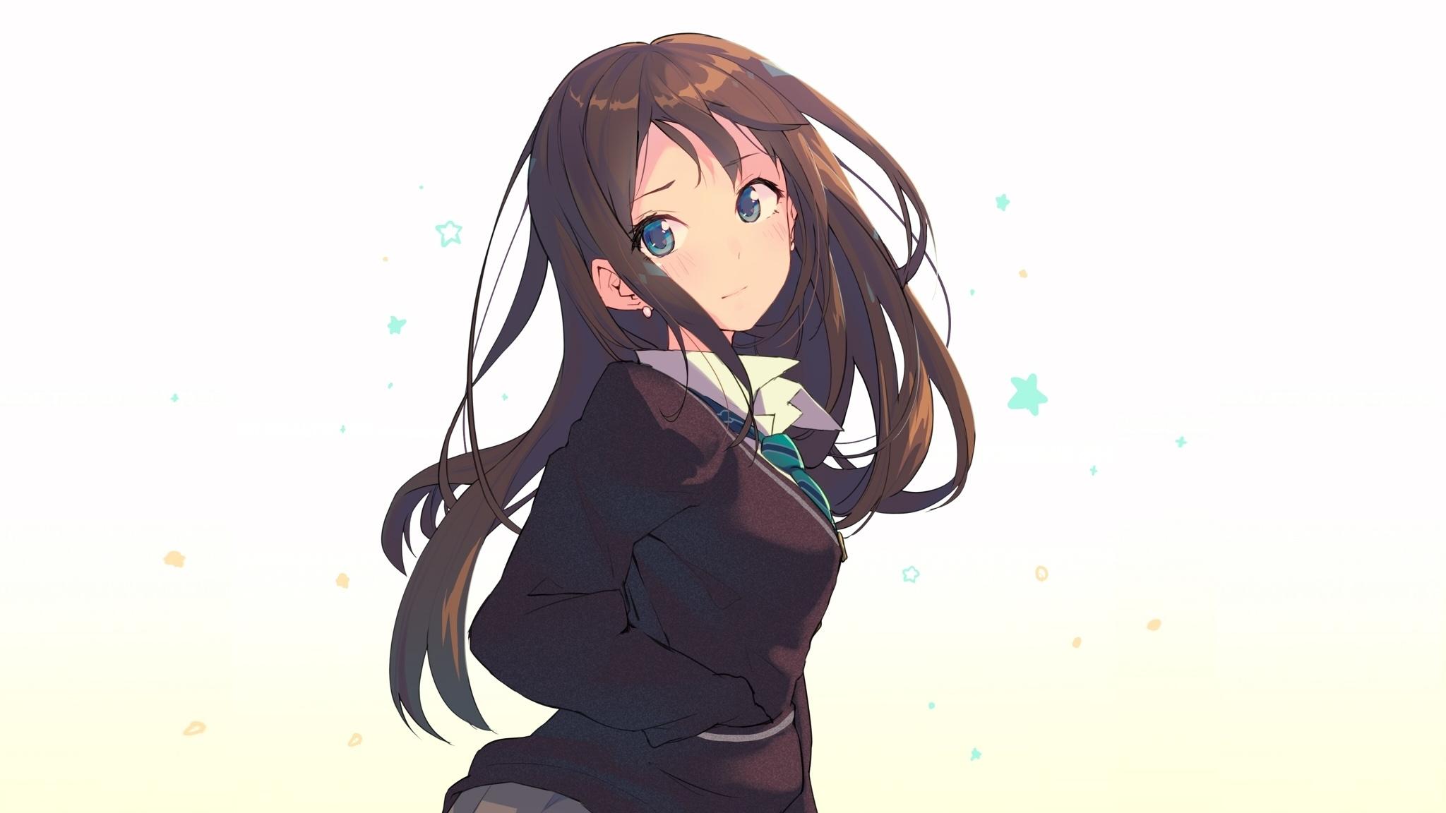 2048x1152 Anime, Cute, School Girl, Long Hair, Blue Eyes, Art, School Girl Art