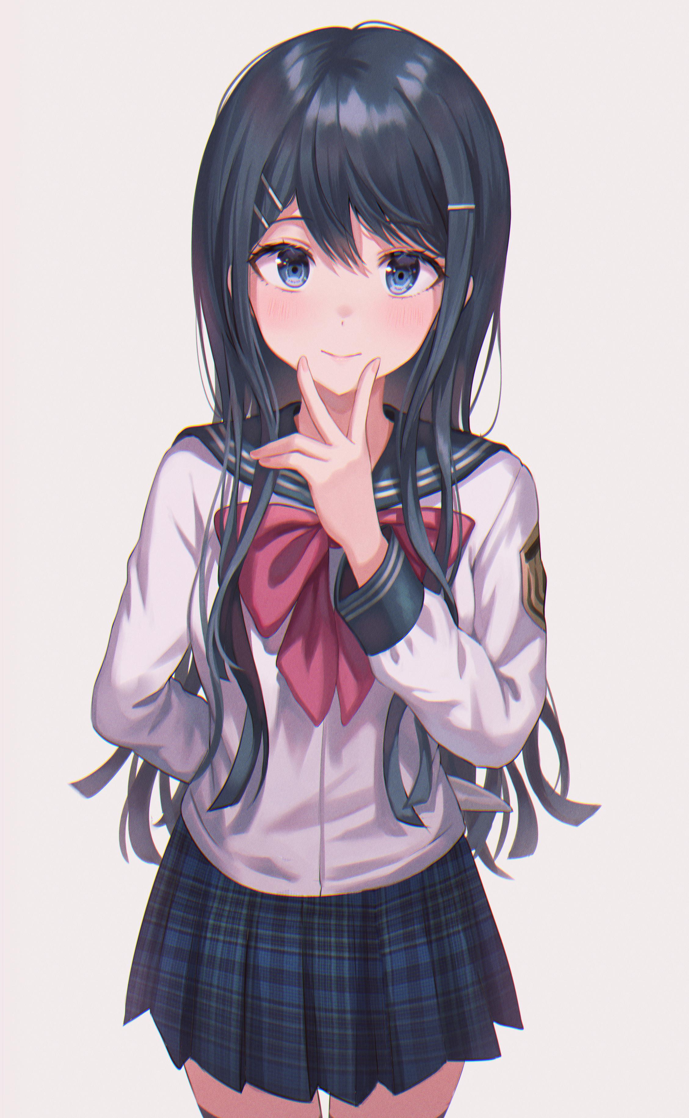 2257x3660 Crop Anime School Girl Wallpaper for Free, Cute, School Uniform, Hands, Gesture, Long Hair, Ribbon, Sailor Uniform HD Background