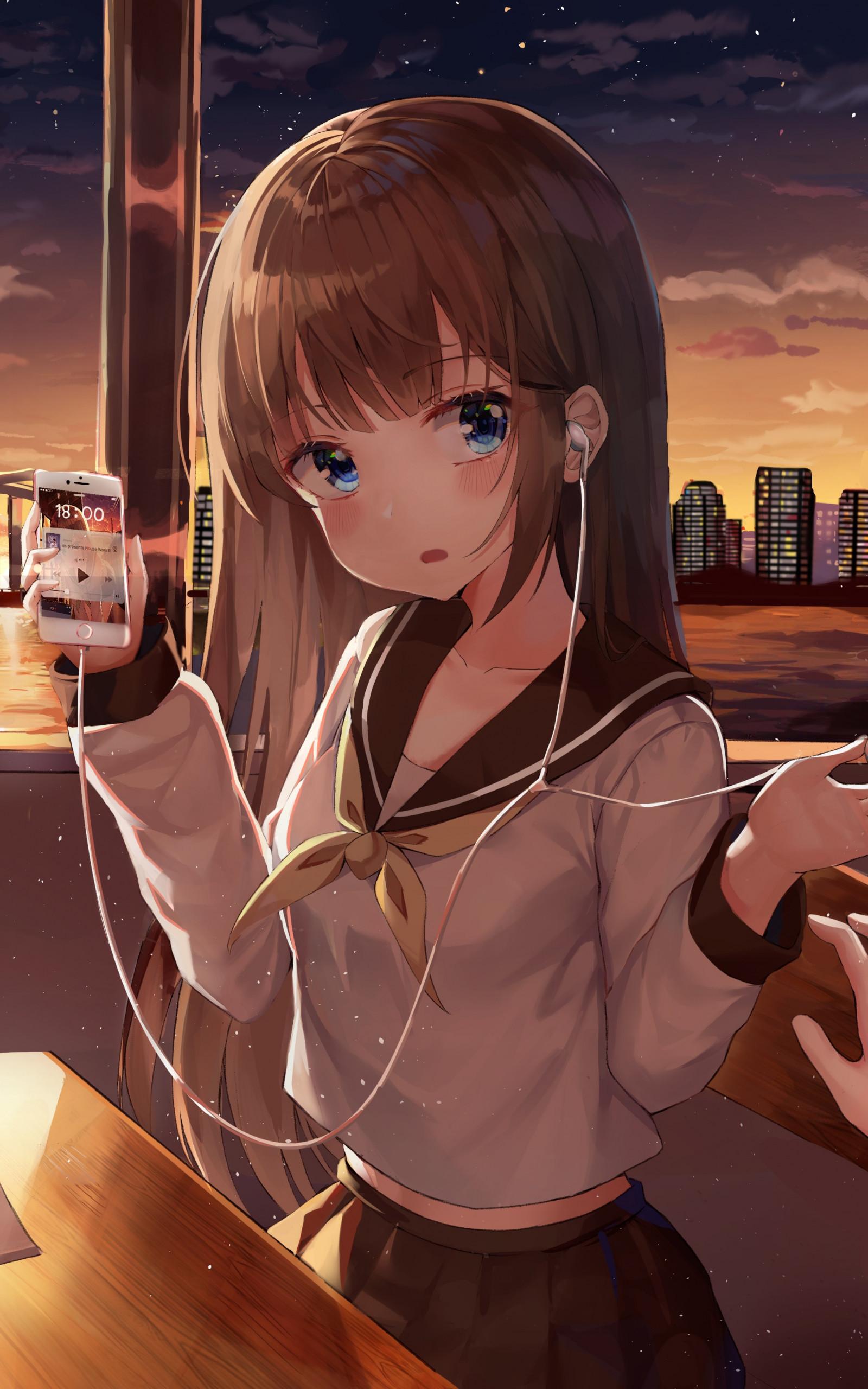 1600x2560 Download 1600x2560 Anime School Girl, Sunset, Earphones, Cafe, Cute, School Uniform, Shy Wallpaper for Google Nexus 10