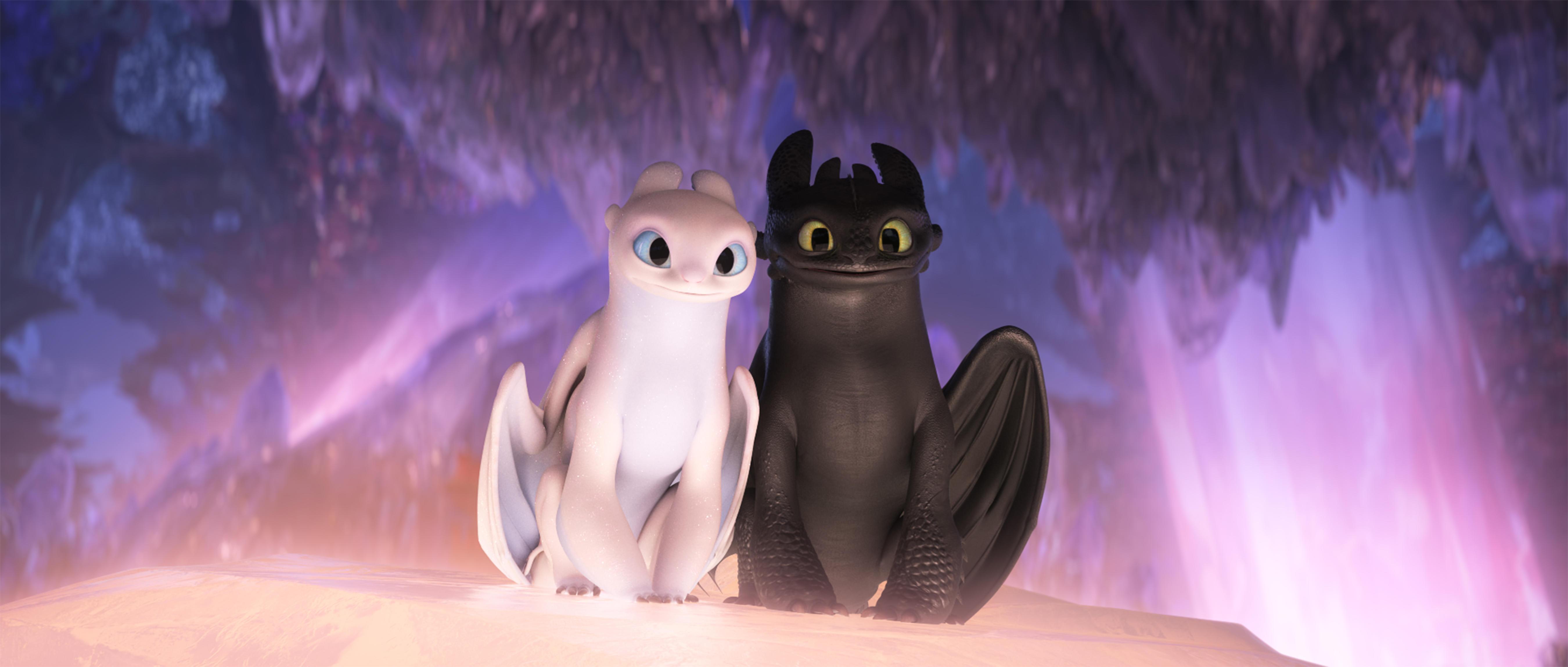 5400x2295 Toothless and Light Fury in 4K to Train Your Dragon: The Hidden World Wallpaper