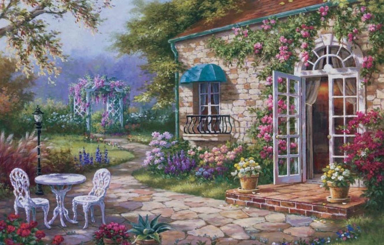 1332x850 Wallpaper flowers, house, picture, garden, yard, painting, painting, Sung Kim image for desktop, section живопись