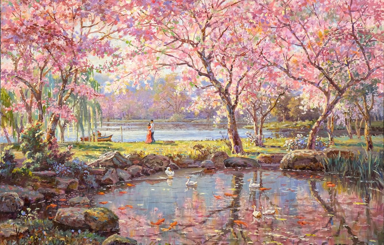 1332x850 Wallpaper garden, pair, painting, two image for desktop, section арт