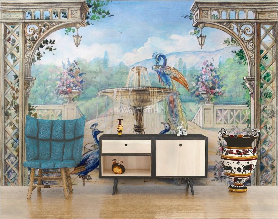 1100x869 Painting Garden with Fountain, Peacock and Roman Column Wallpaper Mural • Wallmur®