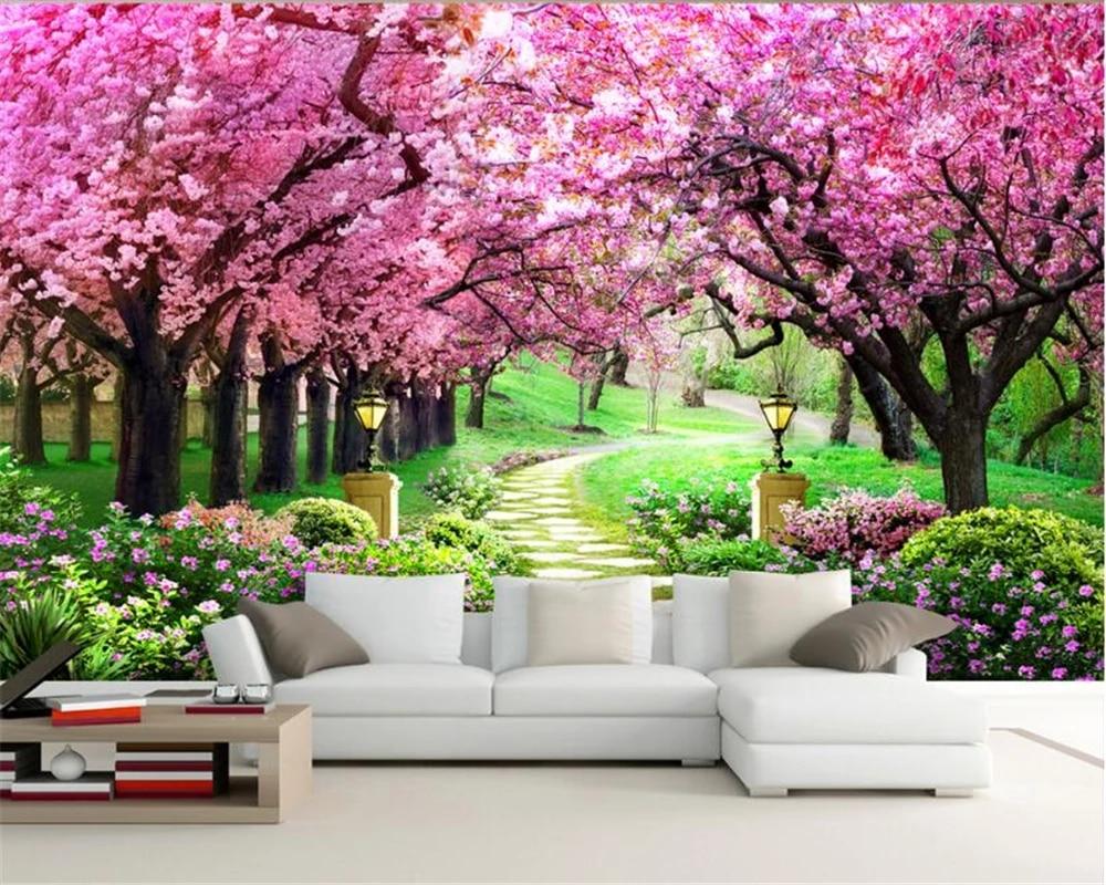 1000x800 Beibehang 3D Wallpaper Sakura Grove Wooden Garden Path Landscape Painting Living Room Bedroom Tv Background Wall Papel De Parede