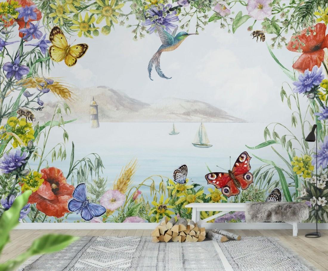 1100x909 Sea View with Garden Flowers Wallpaper Mural • Wallmur®