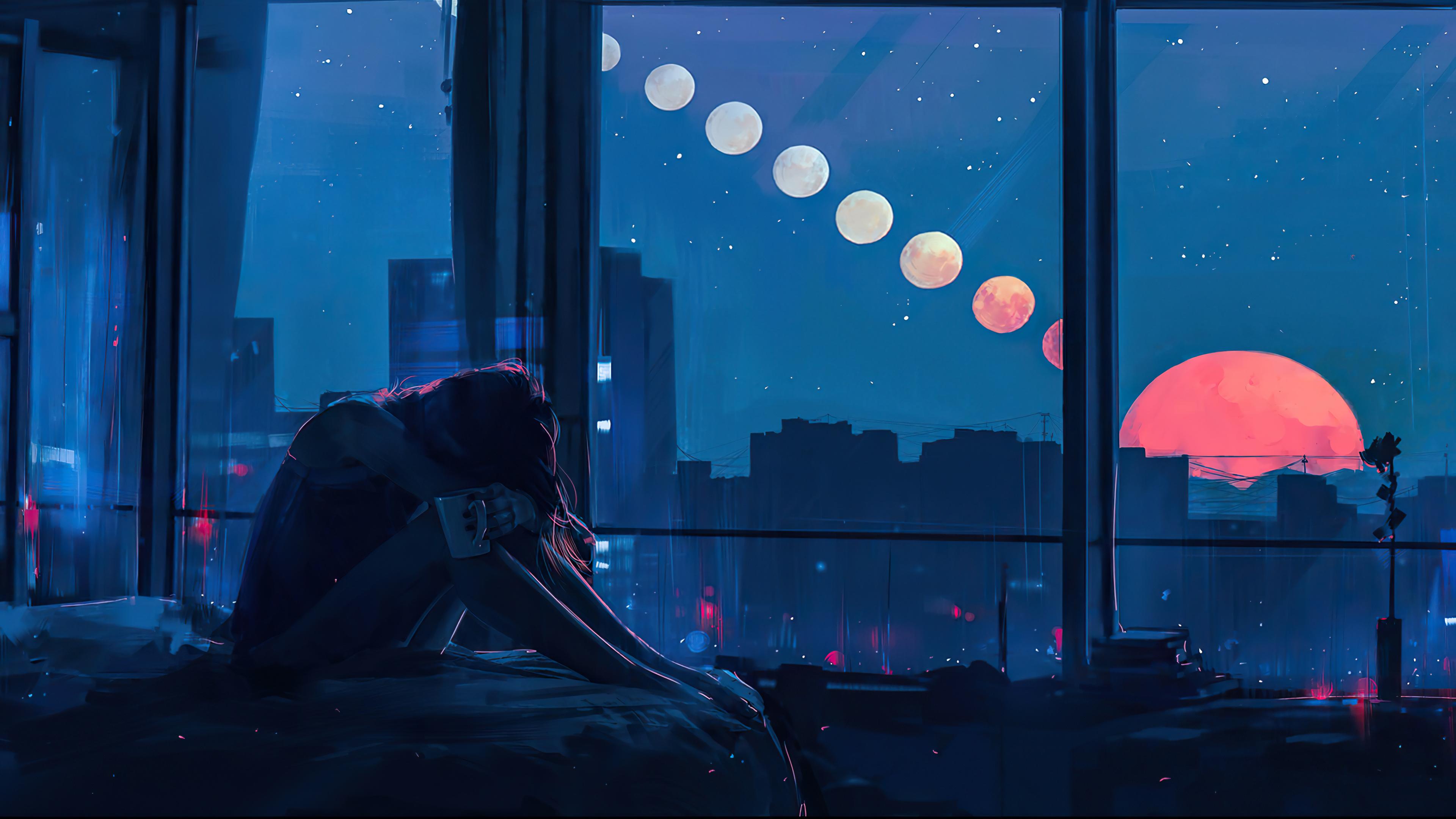 3840x2160 Girl alone in the city Illustration Wallpaper 4k Ultra HD