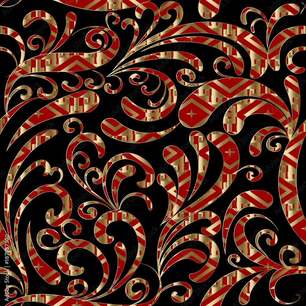 1000x1000 Paisleys seamless pattern. Black floral background wallpaper illustration with hand drawn red gold ornamental paisley flowers, leaves, elegance flourish ornaments. Vector endless luxury texture Stock Vector