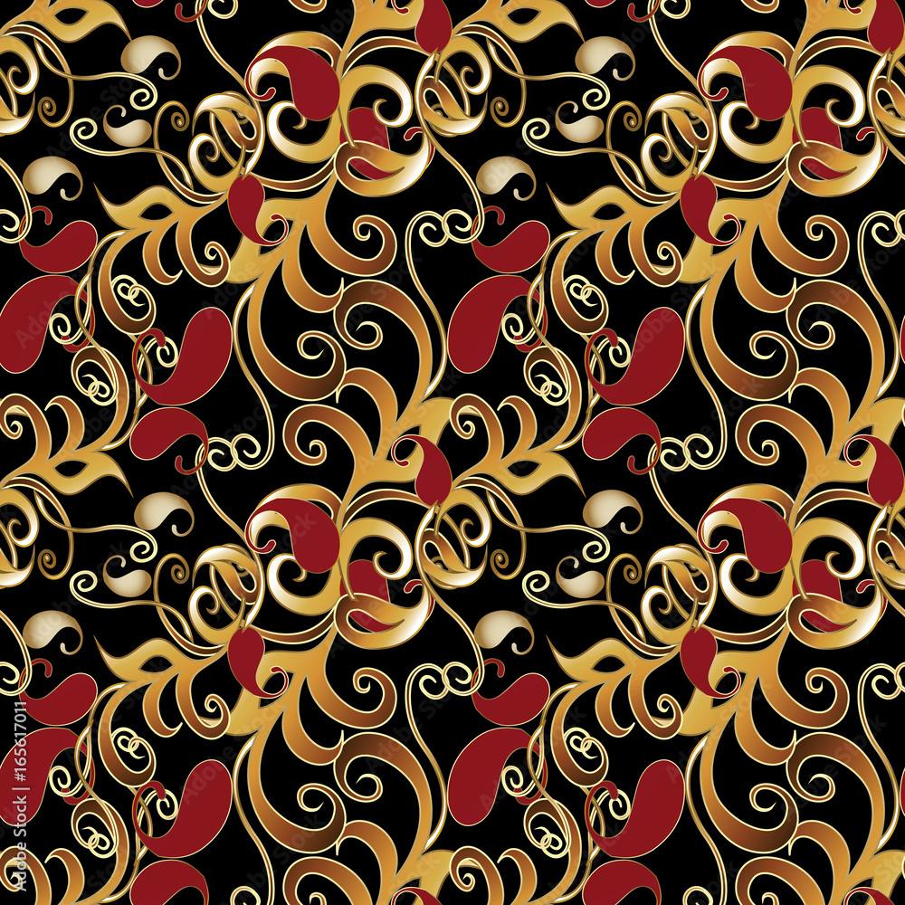 1000x1000 Paisley seamless pattern. Black floral background wallpaper illustration with vintage gold red paisley flowers and oriental arabic ornaments. Luxury fabric pattern texture for textile, prints, walls Stock Vector