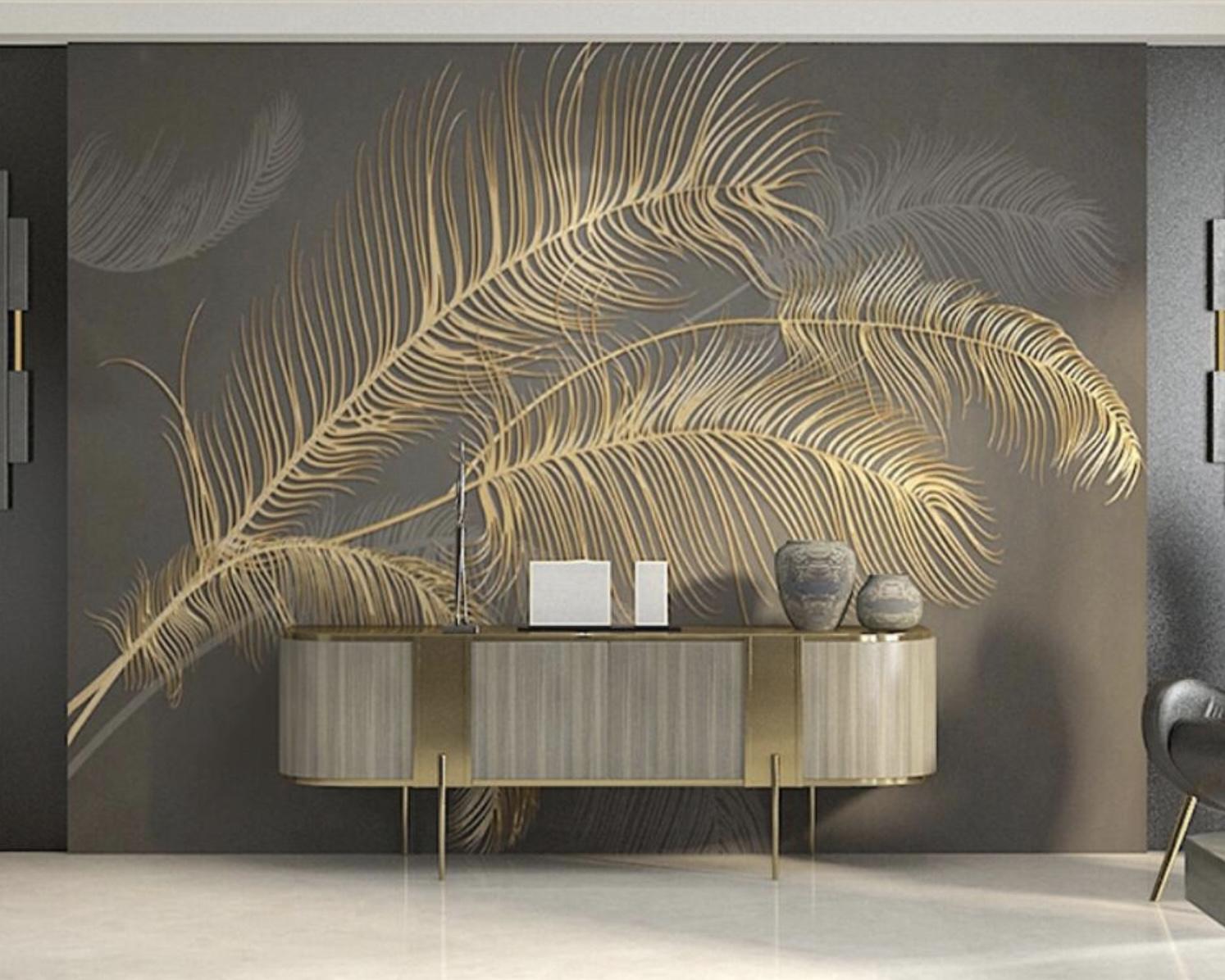 1494x1196 Custom Black Gold Luxury Feathered Mural Interiors Inc