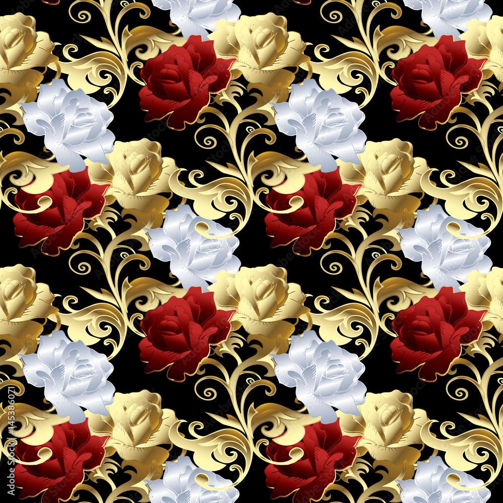 1000x1000 Roses seamless pattern. Floral black background wallpaper illustration with vintage red, gold and white 3D roses flowers, swirl leaves, floral damask ornaments.Vector luxury texture for fabric, print Stock Vector