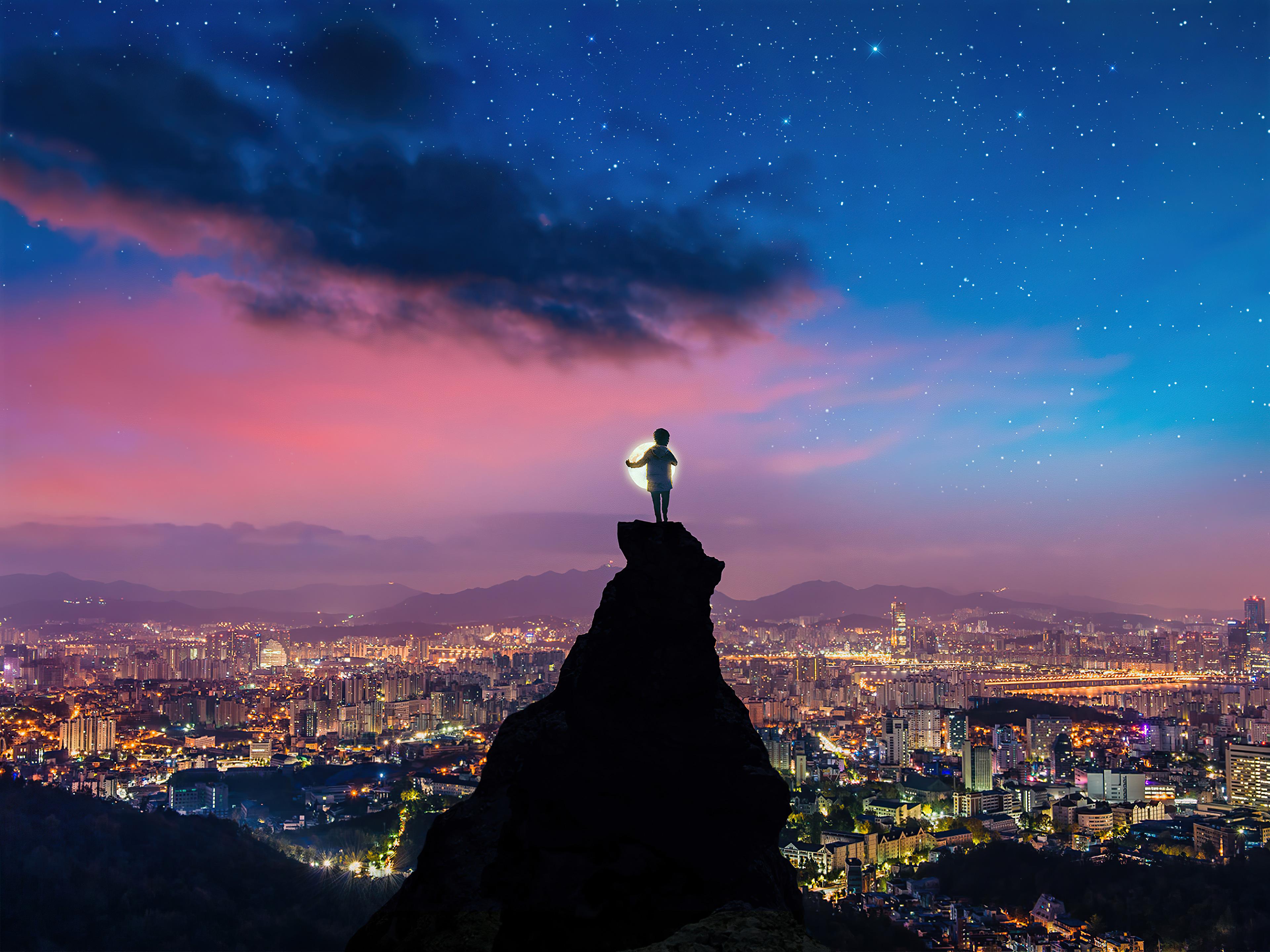 3840x2880 The Boy And The Moon 4k, HD Artist, 4k Wallpaper, Image, Background, Photo and Picture