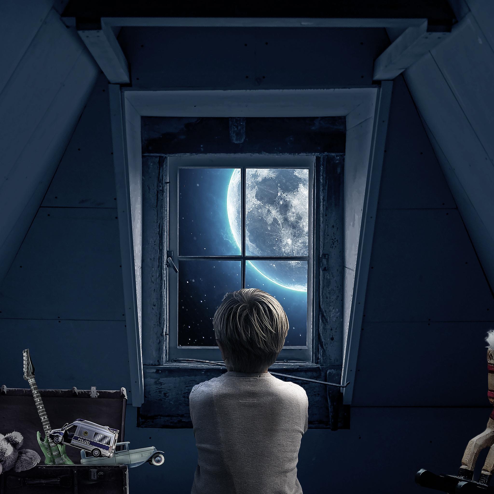 2048x2048 Lookdow Wallpaper 4K, Full moon, Attic, Roof, Boy, Teddy bear, People