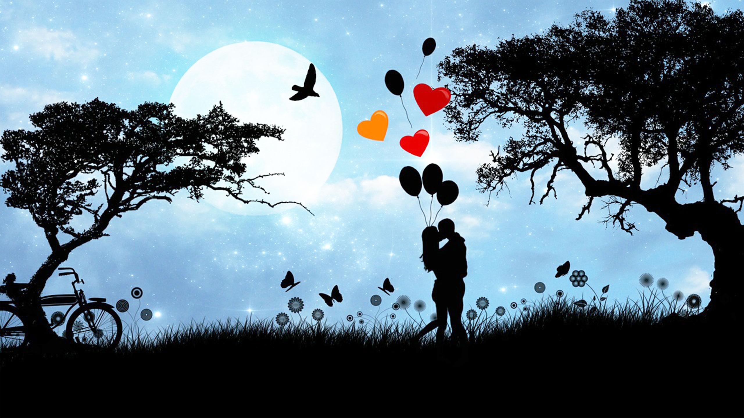 2560x1440 Boy and Girl Kiss Embrace Romantic Moon Balloon Heart Wallpaper HD :