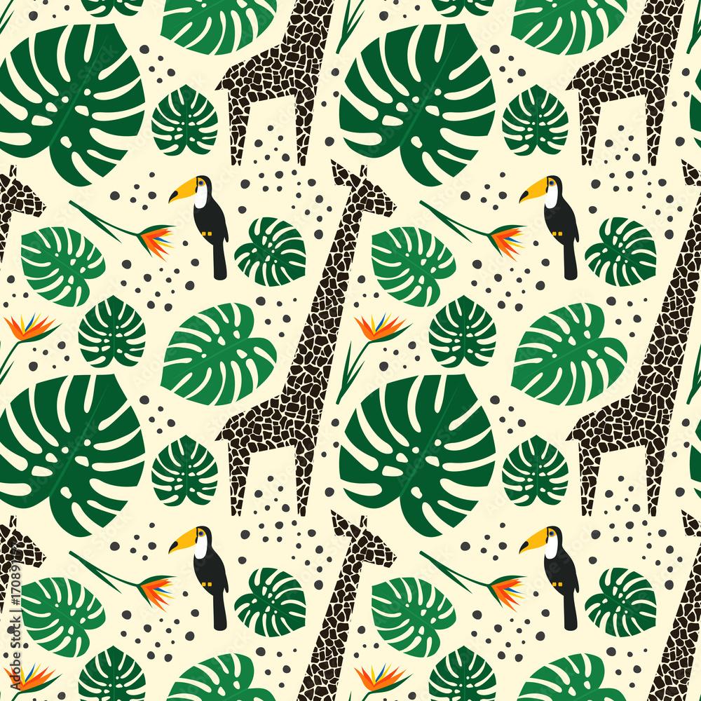 1000x1000 Giraffes, toucans and palm leaves seamless pattern on white background. Jungle animals with tropical plants print. Fashion safari design for textile, wallpaper, fabric. Stock Vector