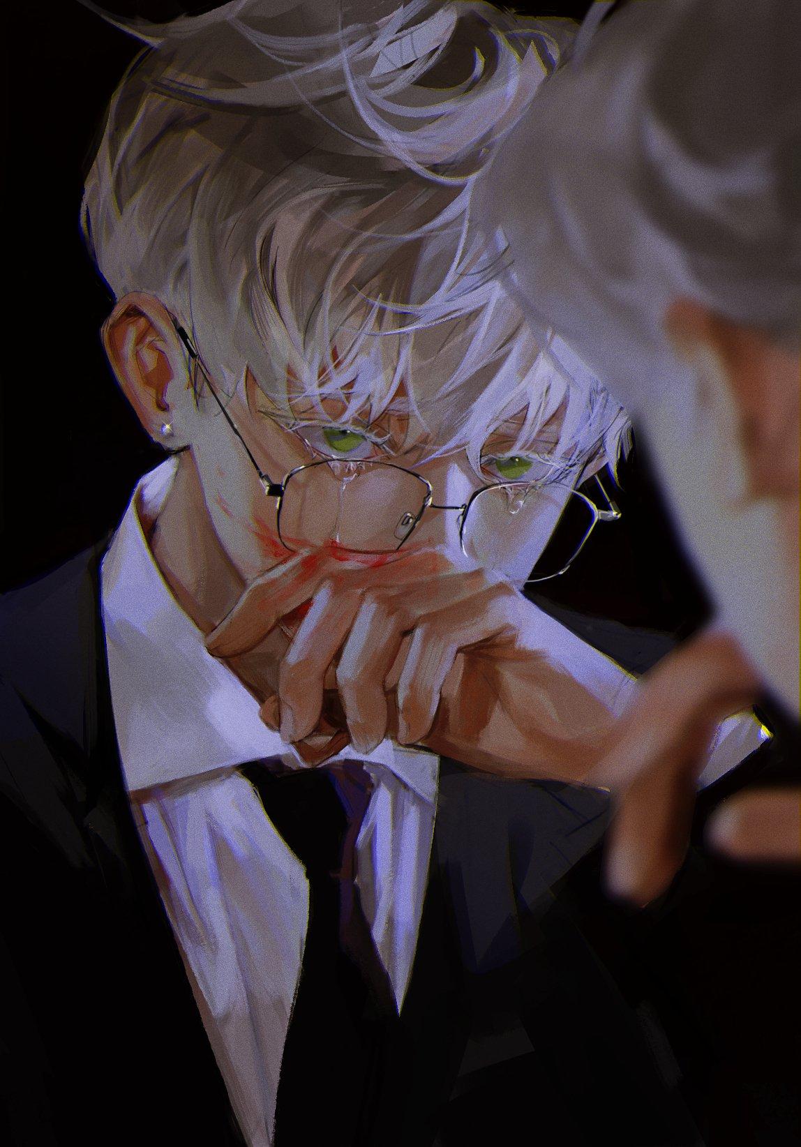 1148x1644 Digital Anime Anime Boys Glasses Crying White Hair Wallpaper:1148x1644