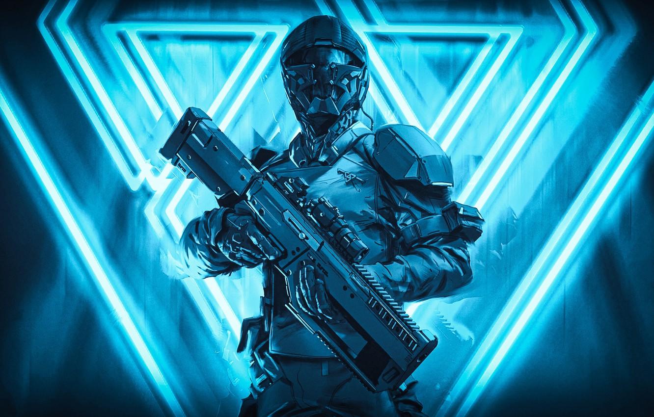 1332x850 Wallpaper light, pose, future, rendering, weapons, fiction, triangles, warrior, art, costume, helmet, male, blue background, defender, the futuristic, equipment image for desktop, section фантастика