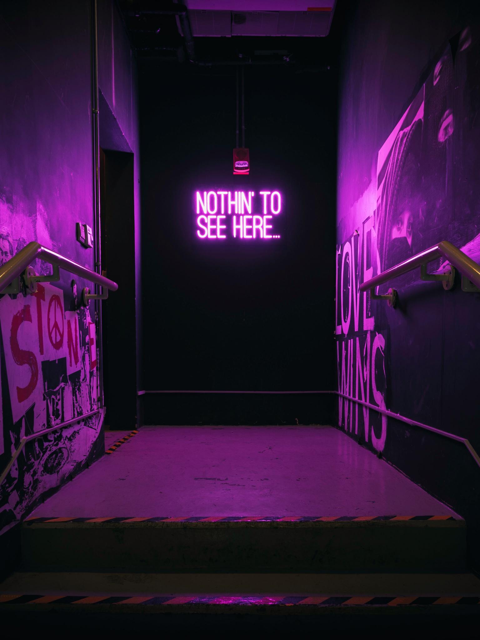 1536x2048 Nothing to See Here Wallpaper 4K, Neon sign, Stairway, Purple light, 5K, Quotes