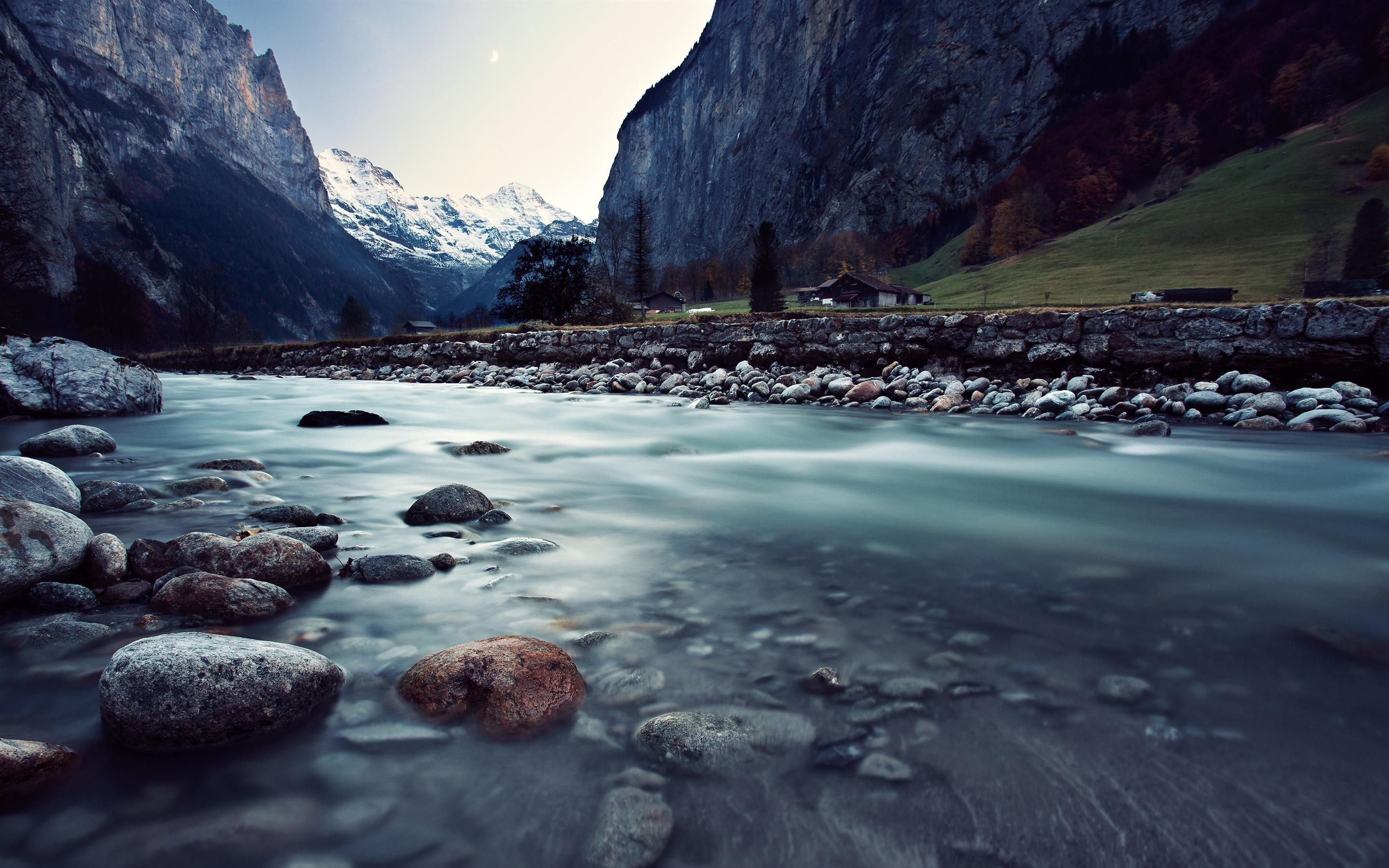 2880x1800 Download wallpaper Swiss Alps, valley, mountains, river, Alps, Switzerland, Europe for desktop with resolution 2880x1800. High Quality HD picture wallpaper