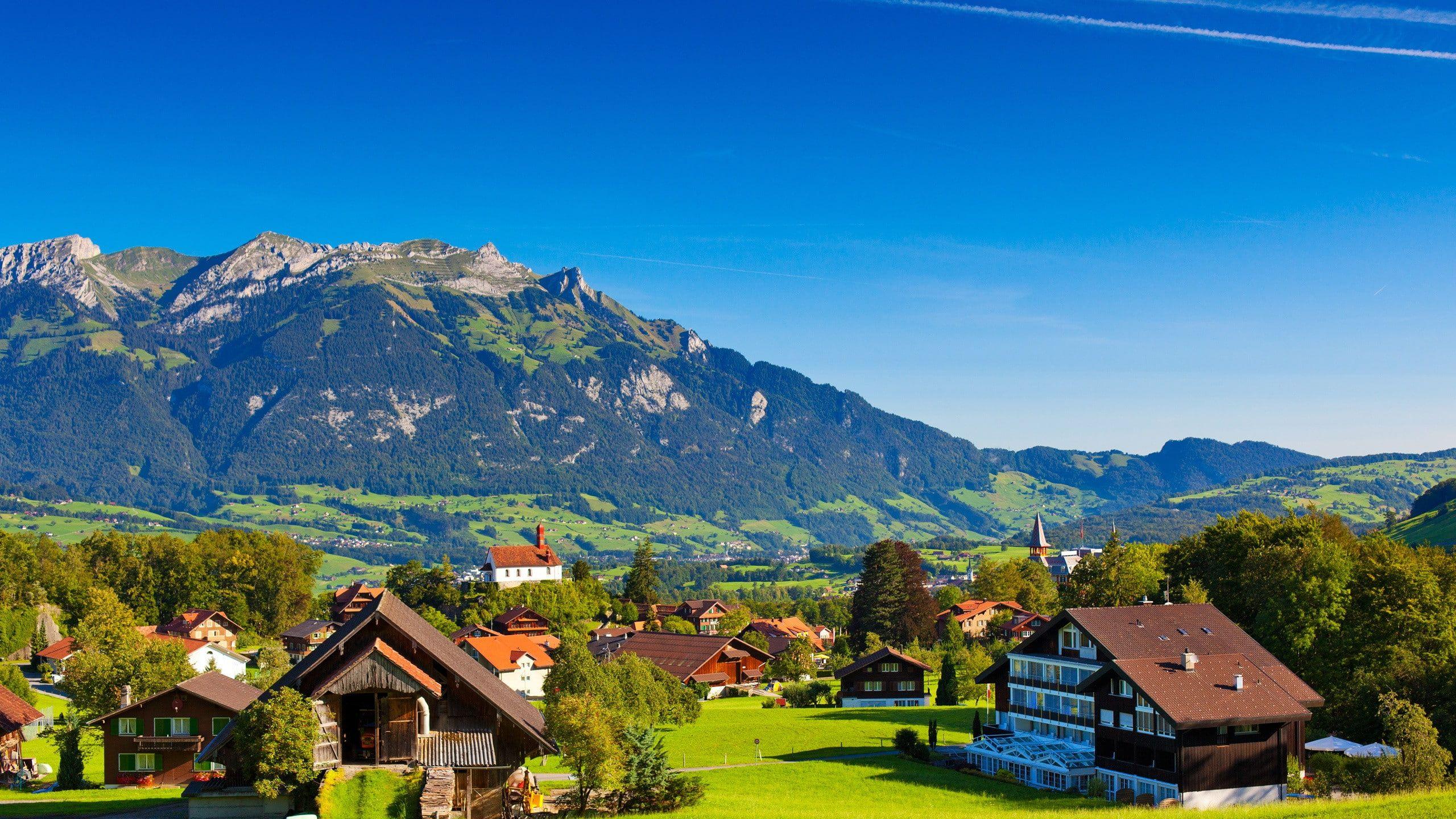 2560x1440 HD wallpaper: nature, 2560x greenery, houses, Summer, Mountains, switzerland
