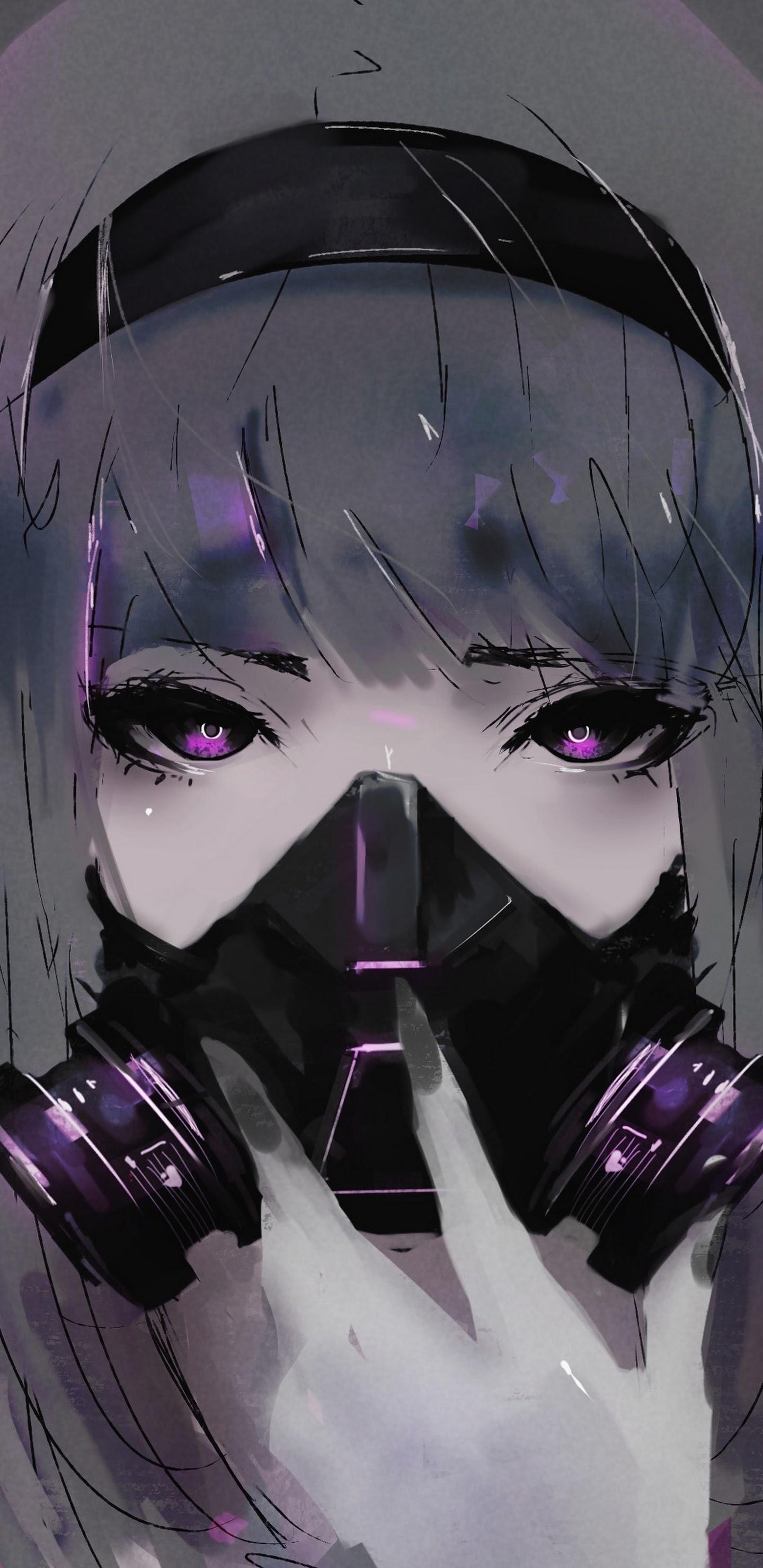 1440x2960 Anime Girl Gas Mask 4K Wallpaper