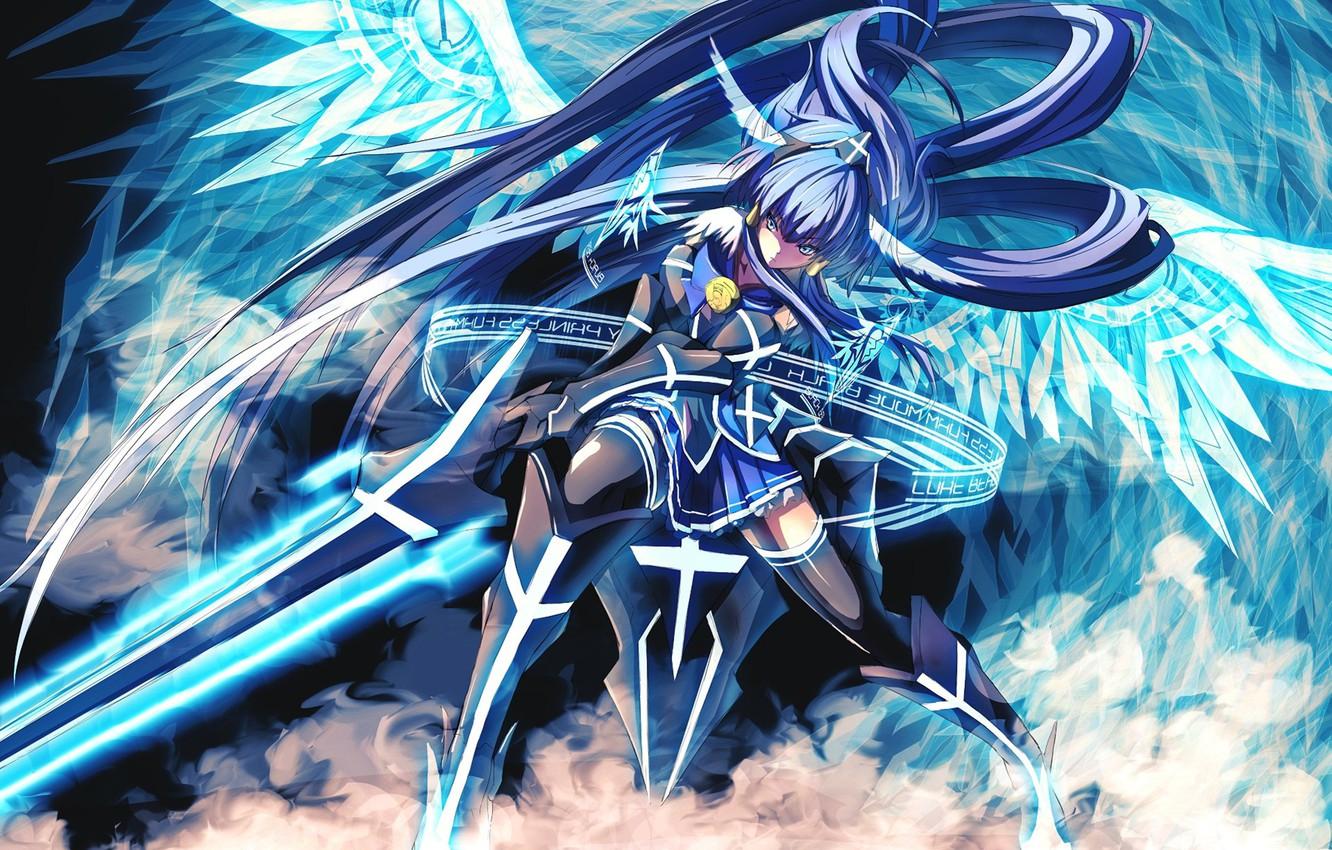 1332x850 Wallpaper girl, sword, armor, blue, anime, wings, beautiful, ken, angel, blade, asian, warrior, japanese, asiatic, powerful, strong image for desktop, section прочее