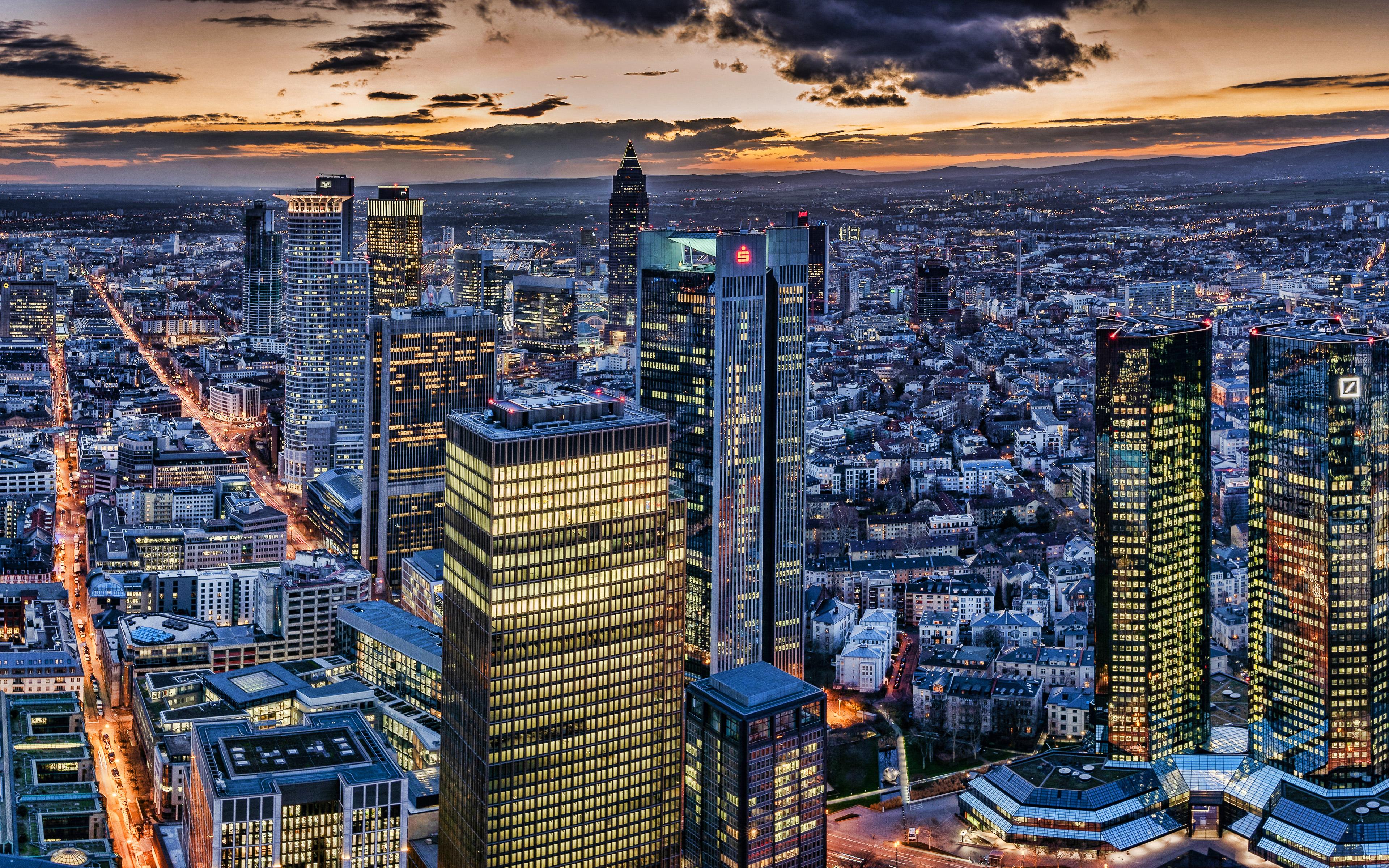3840x2400 Download wallpaper Frankfurt am Main, 4k, sunset, skyscrapers, german cities, Frankfurt skyline, Germany, Europe, Frankfurt in evening, HDR for desktop with resolution 3840x2400. High Quality HD picture wallpaper