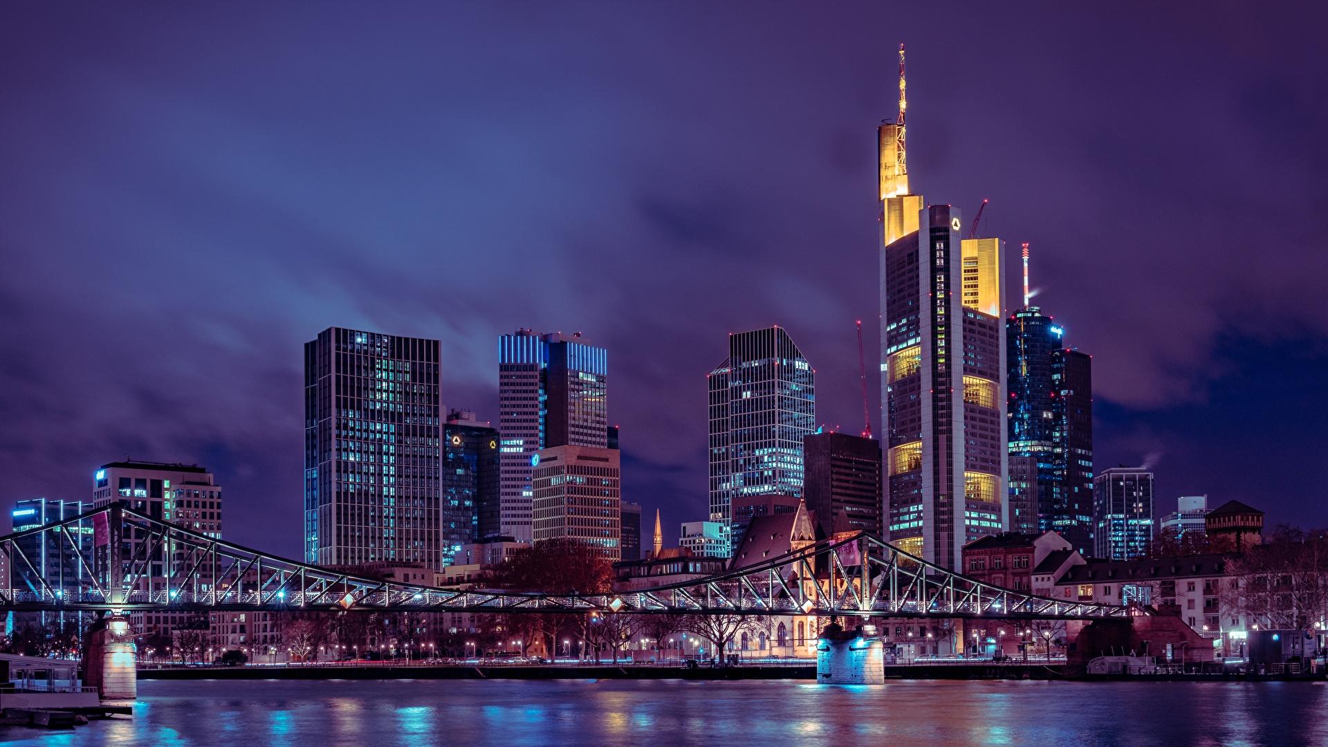 1920x1080 Photo Frankfurt Germany Megapolis Bridges night time 1920x1080