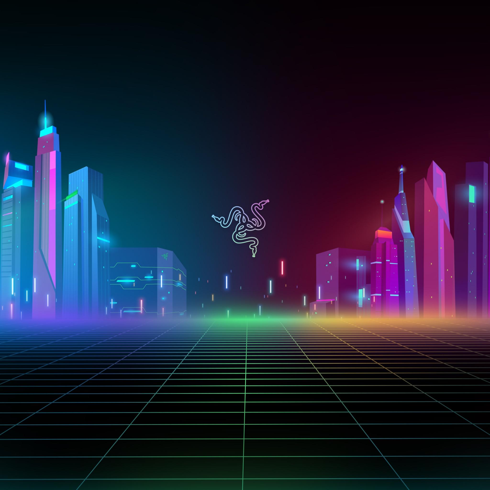 2048x2048 Razer Wallpaper 4K, Cyber city, Neon, Colorful, Cityscape, Technology