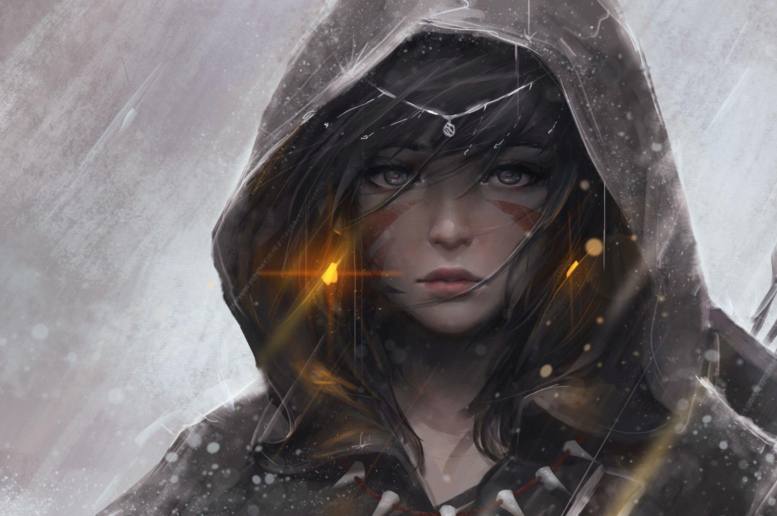 2560x1700 Download 2560x1700 Fantasy Girl, Hoodie, Brown Hair, Earring, Heavy