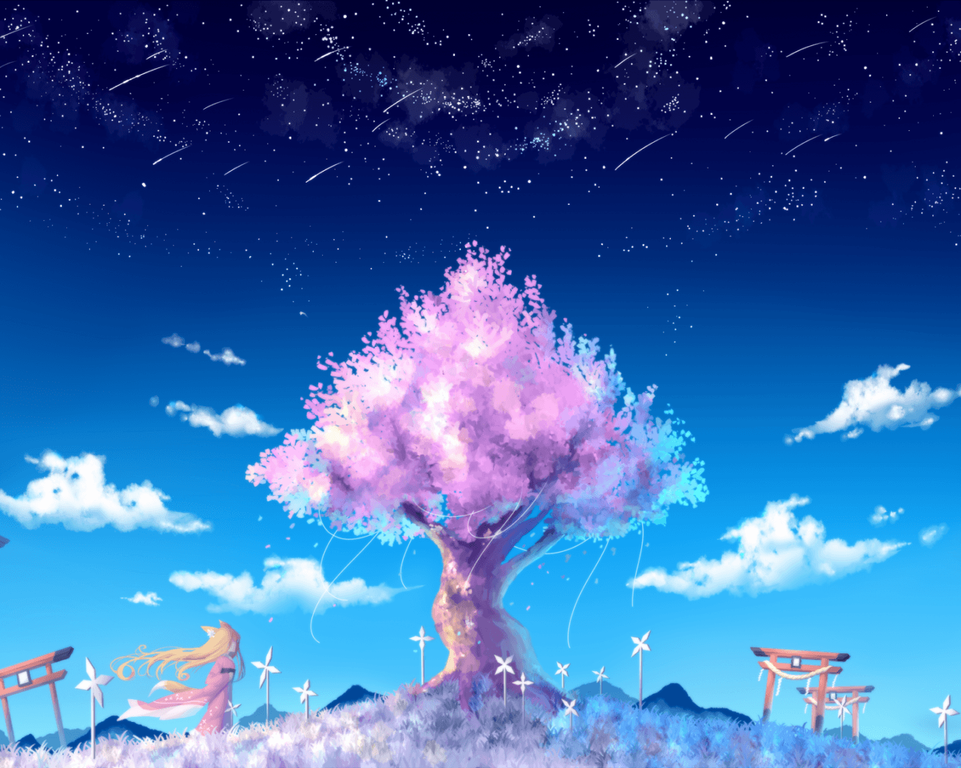 1378x1102 Download 1378x1102 Anime Girl, Animal Ears, Sakura Blossom, Scenic
