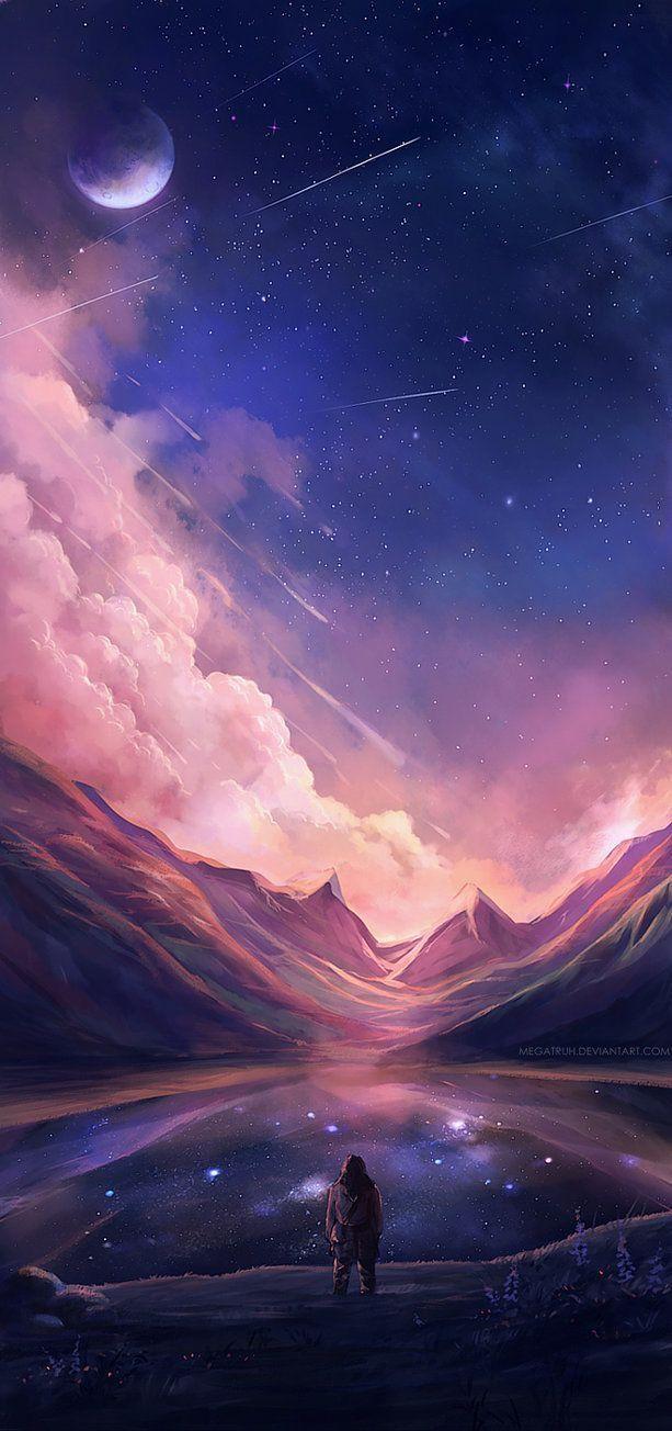 613x1304 Painted pink mountain with girl. Wallpaper. Art, Landscape