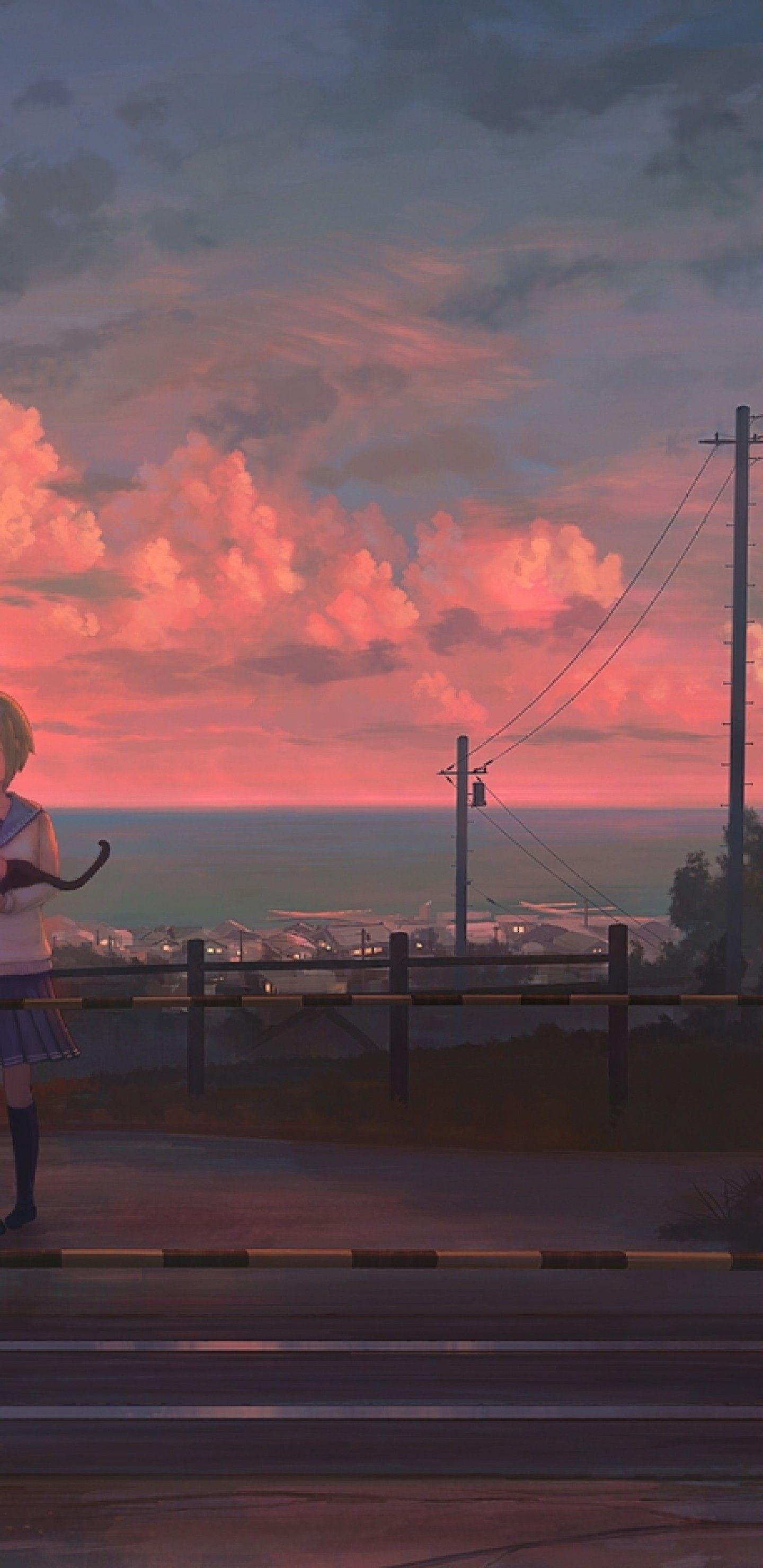 1440x2960 Download 1440x2960 Anime Landscape, Scenic, Anime Girl, Railway, Cat