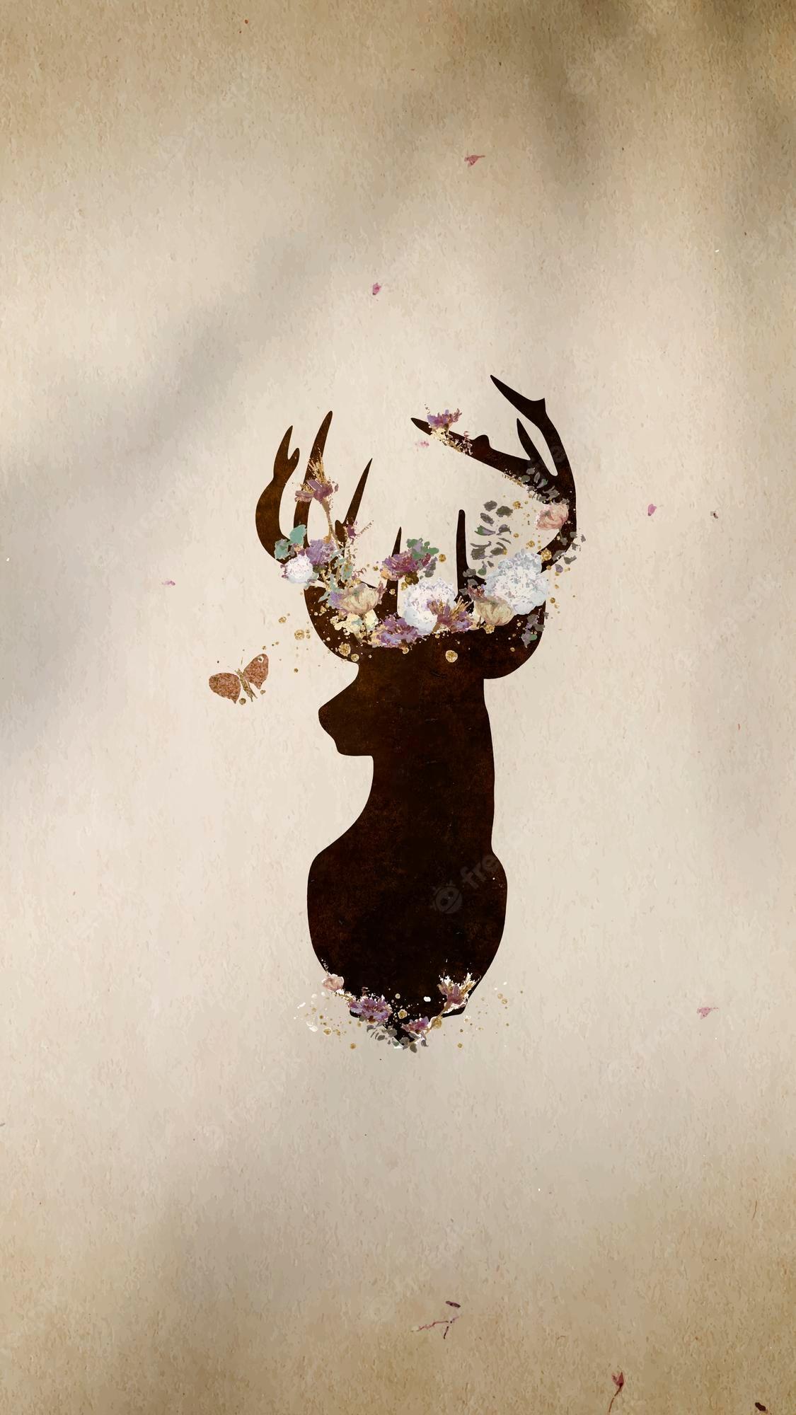 1125x2000 Free Vector. Deer head silhouette painting mobile phone wallpaper vector