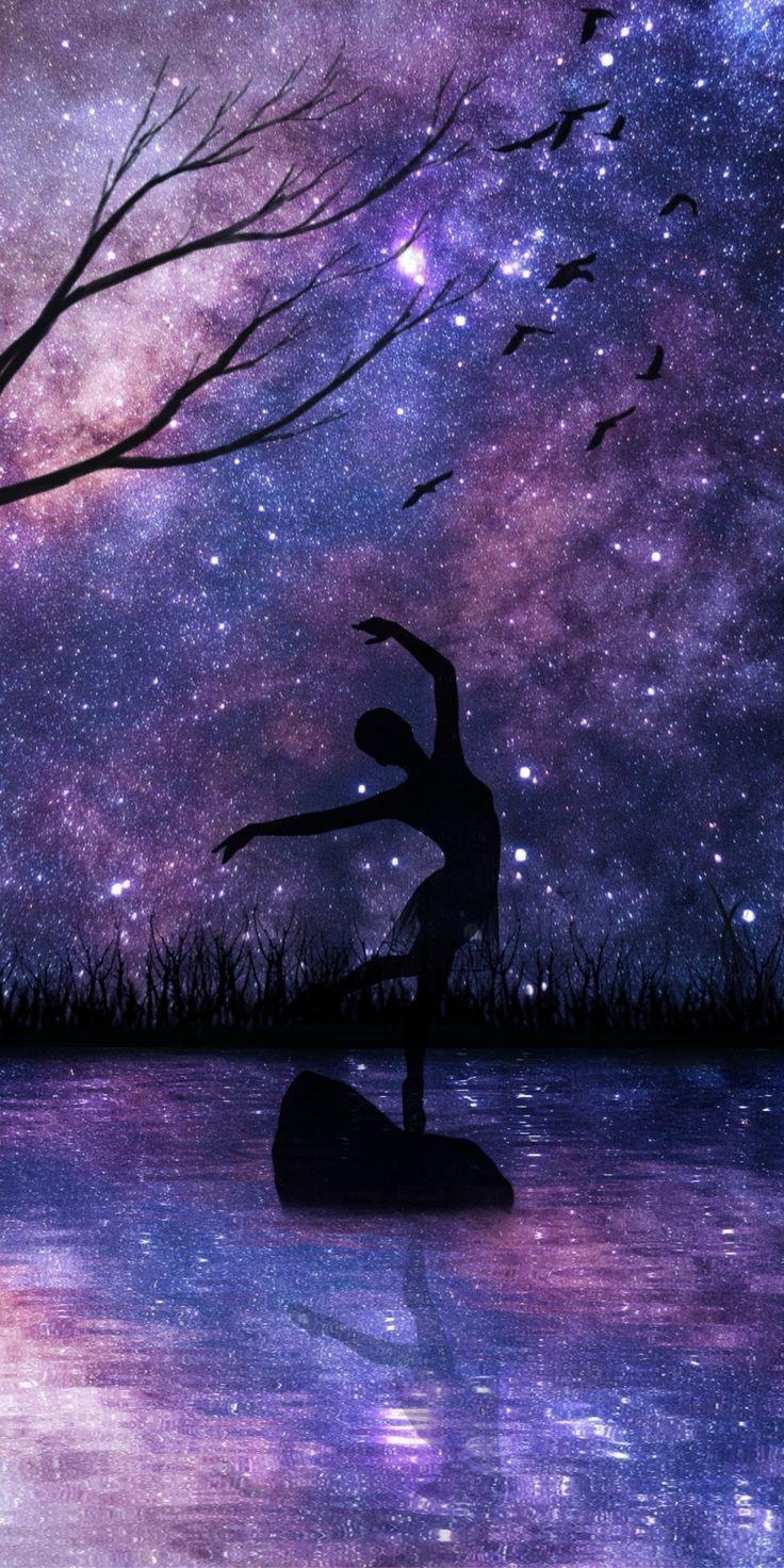 736x1472 Starry night, girl dance, silhouette, art, 1080x2160 wallpaper